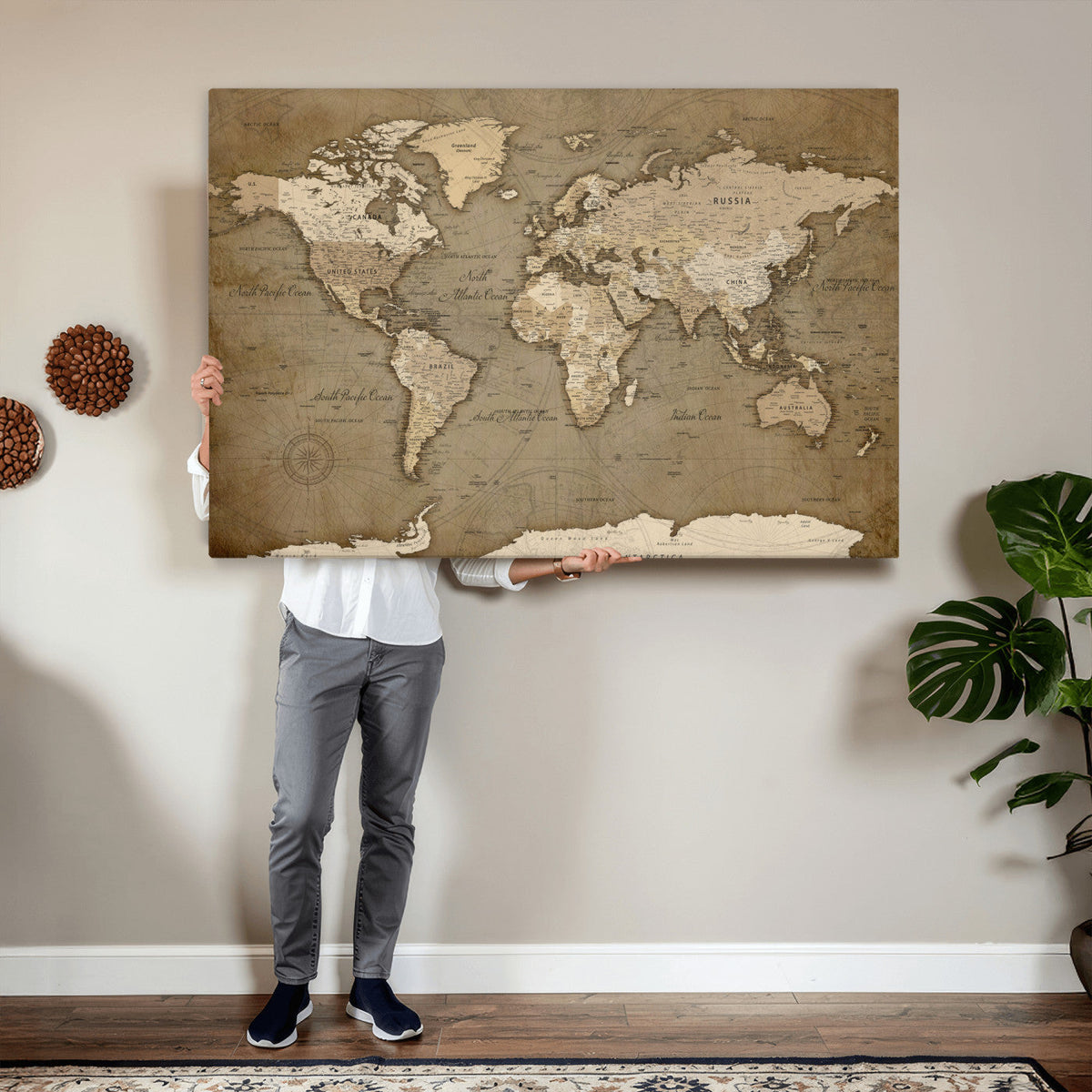 World Map Wall Art Canvas Print, Framed Map Art Picture