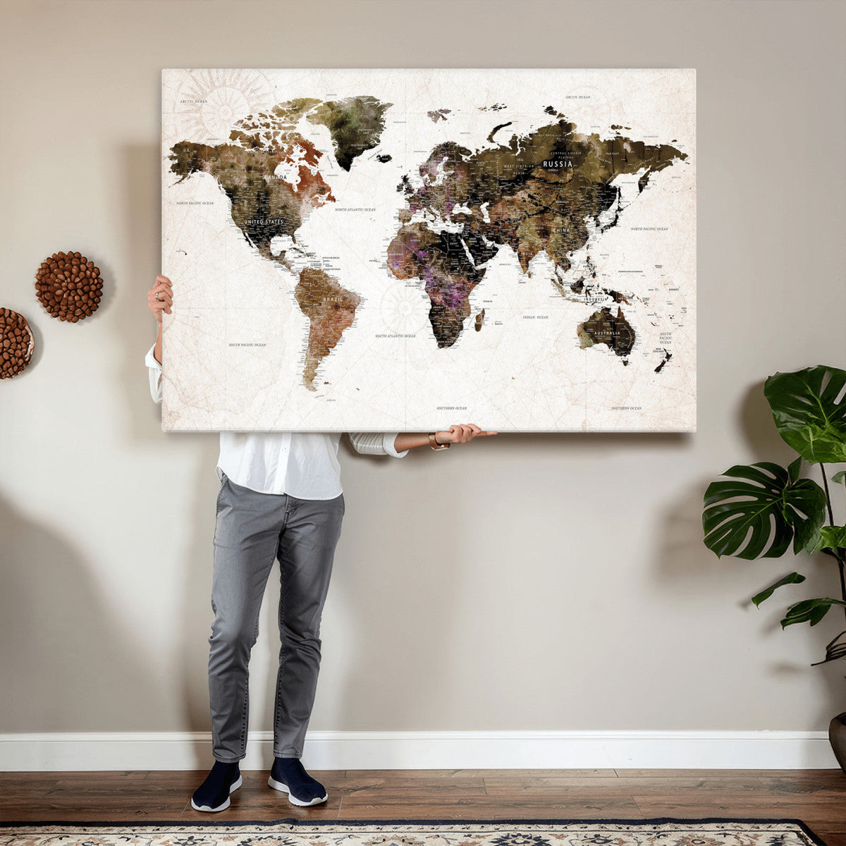 Watercolor World Map Print - Large Wall Art Canvas Print for