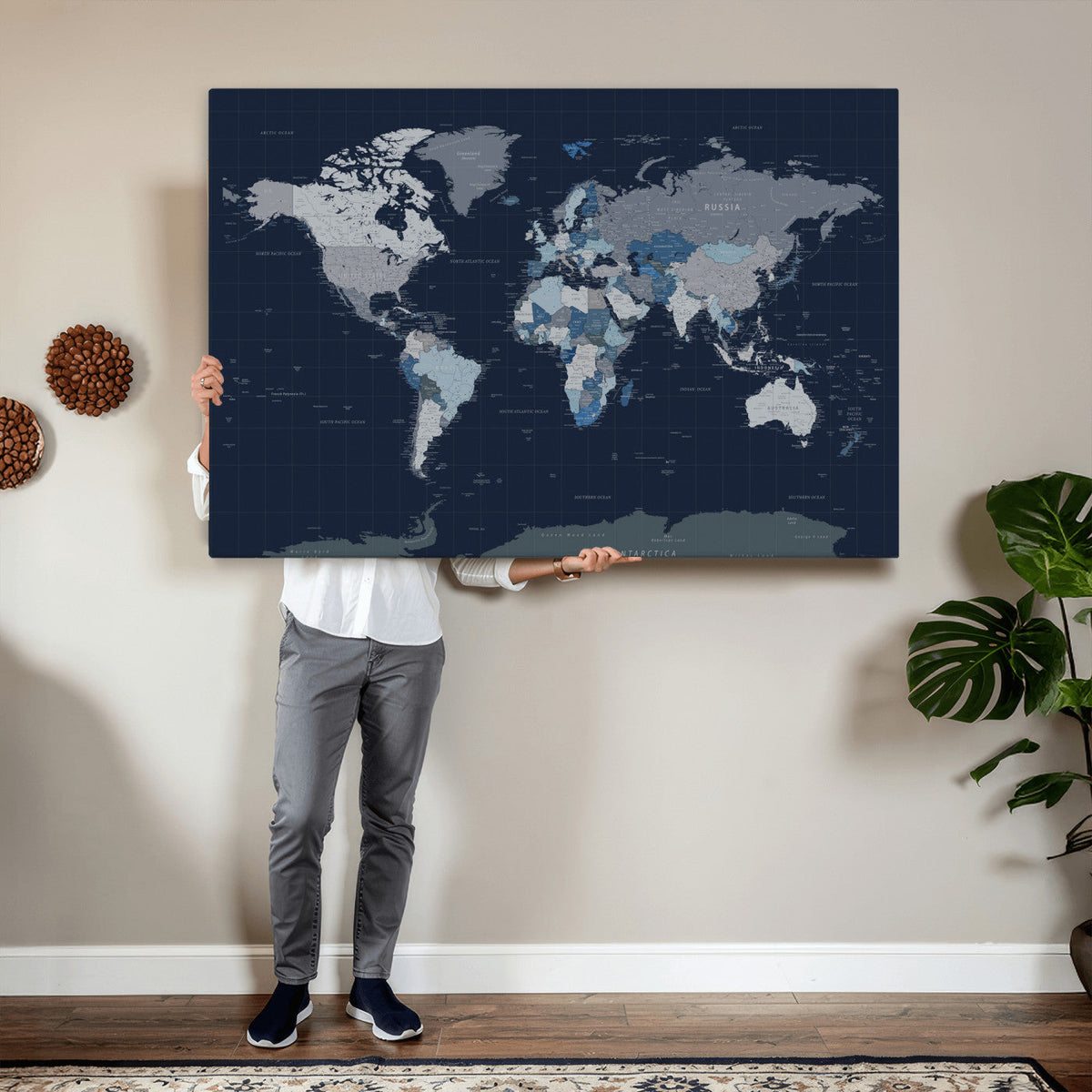 Blue Detailed World Map Wall Art Canvas Print, Modern Framed