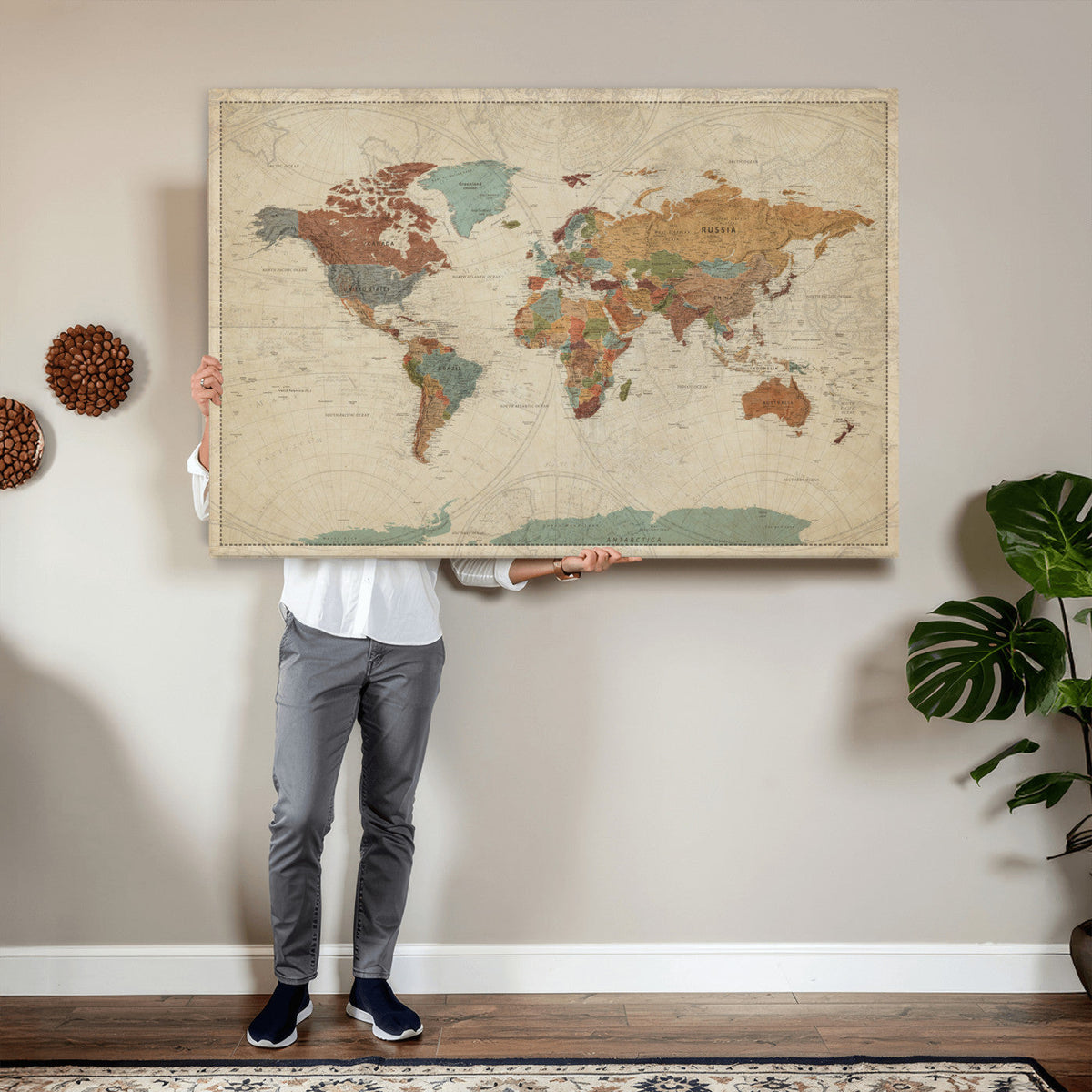 Vintage World Map Canvas Wall Art Print – Framed Modern