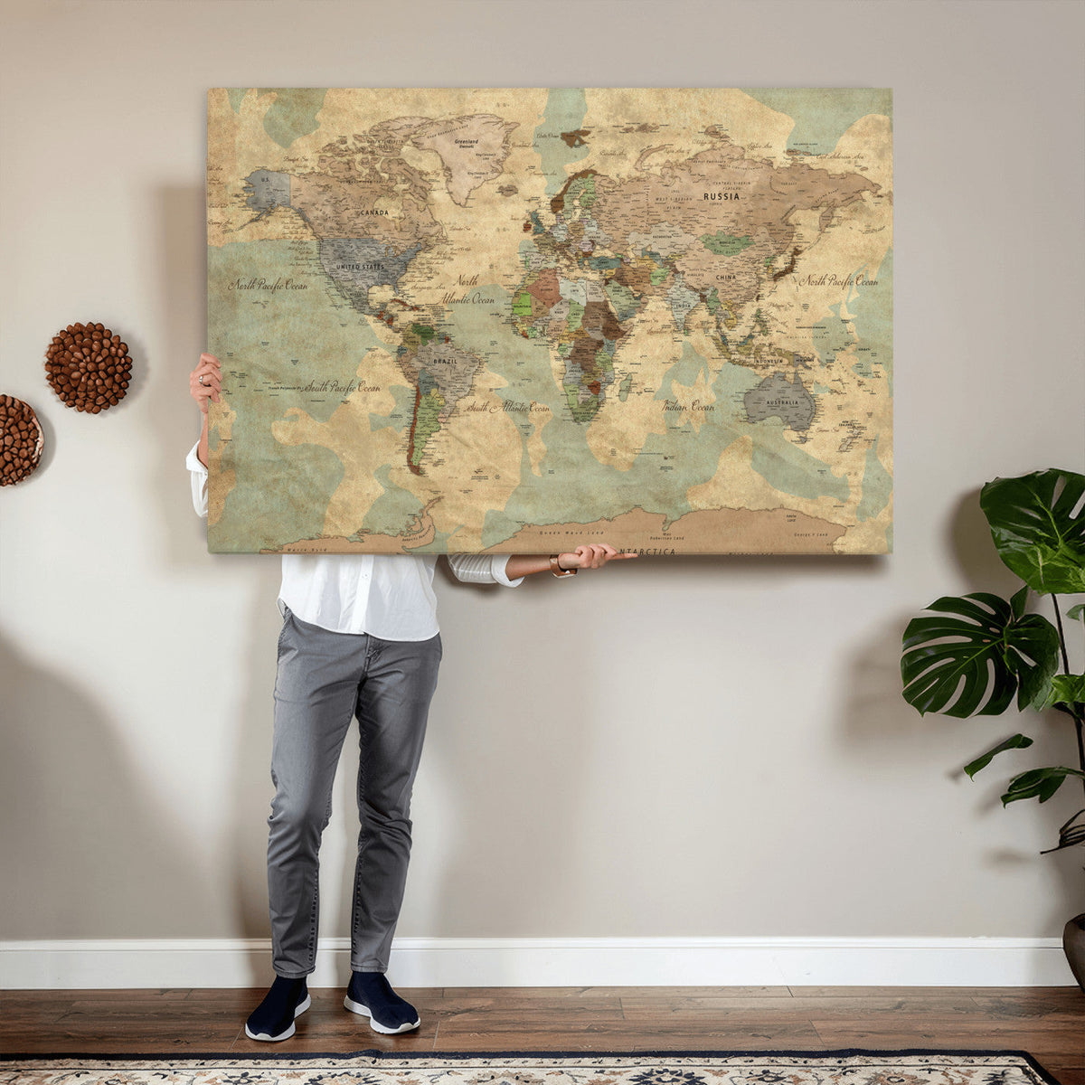 Vintage World Map Wall Art | Ready to Hang and Framed