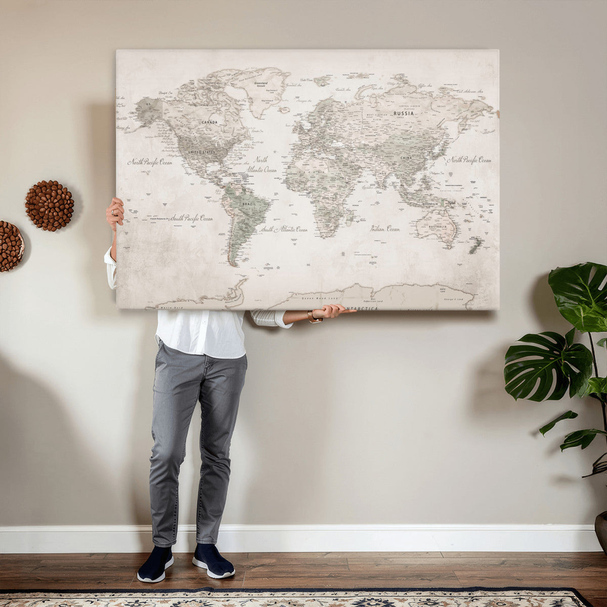 Antique Style World Map Canvas Print - Vintage Detailed