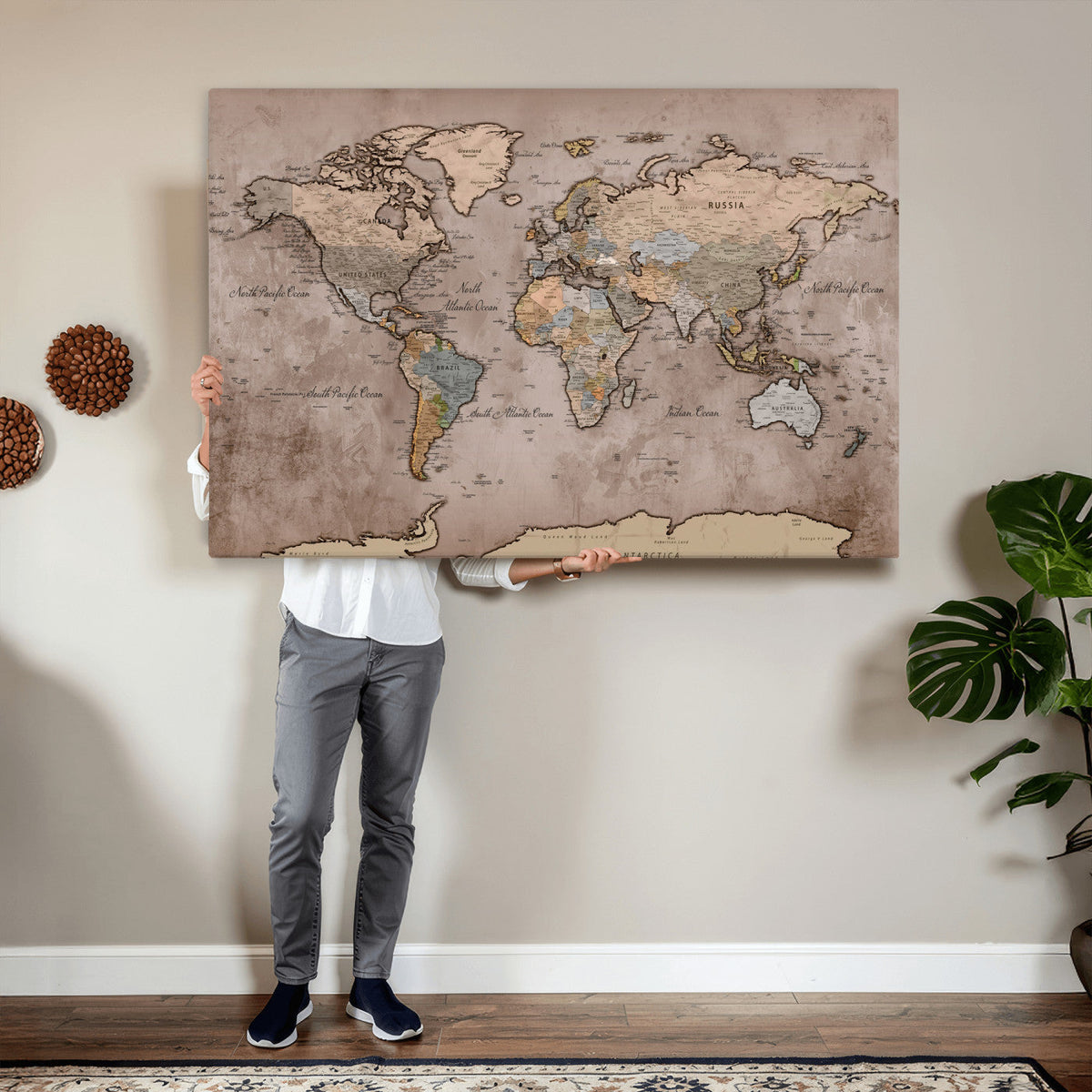 Grunge World Map Canvas Wall Art - Vintage Aged World Map