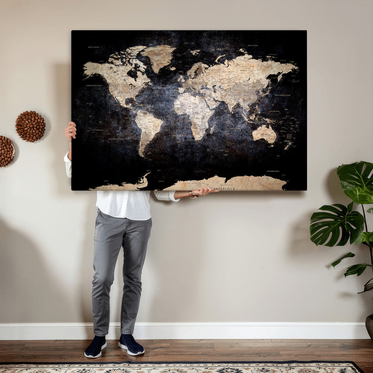 Grunge World Map Wall Art | 3-Panel Large Beige and Brown