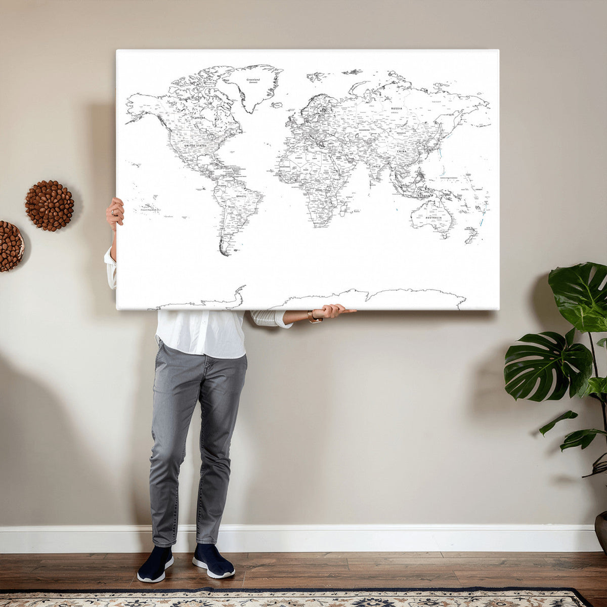 World Map Canvas Print – Framed Modern Detailed Map of the
