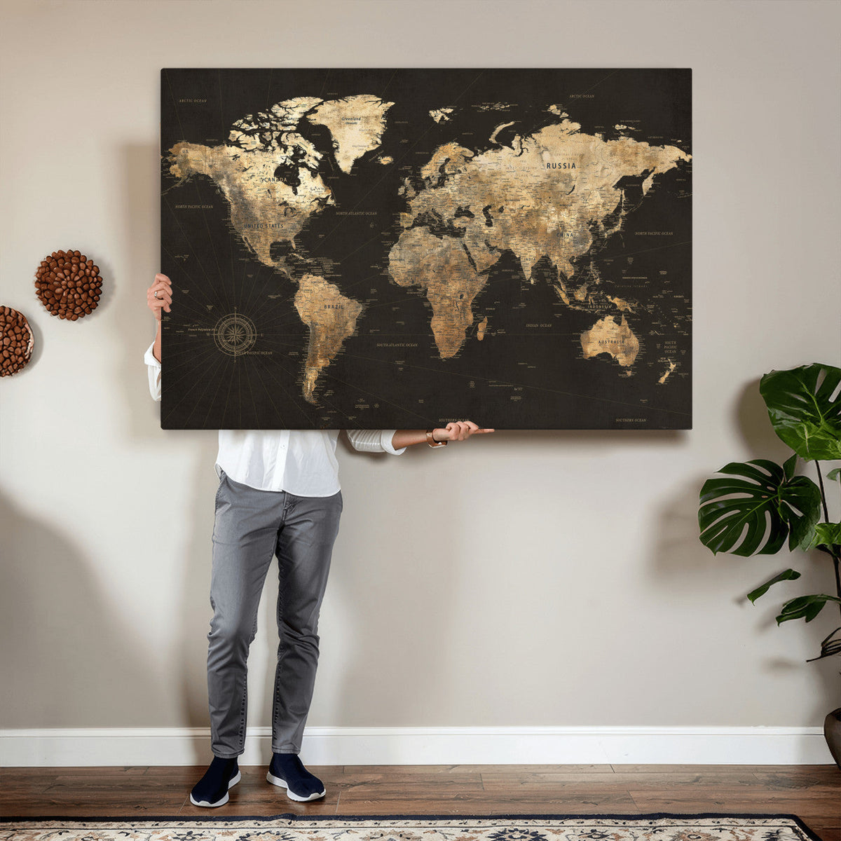 Framed World Map with Pin Canvas Print – Detailed World Map