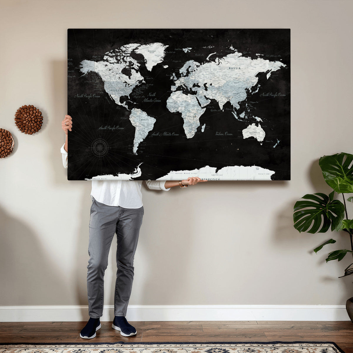 World Map Canvas Print – Framed Push Pin Wall Art, Color