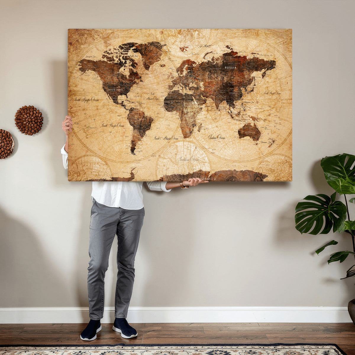 Modern Red and Gray World Map Canvas Print – Framed Wall Art