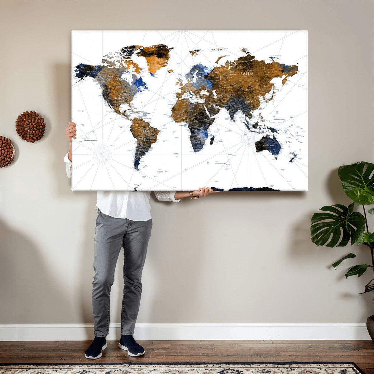 Colorful Watercolor World Map Canvas Wall Art – Framed
