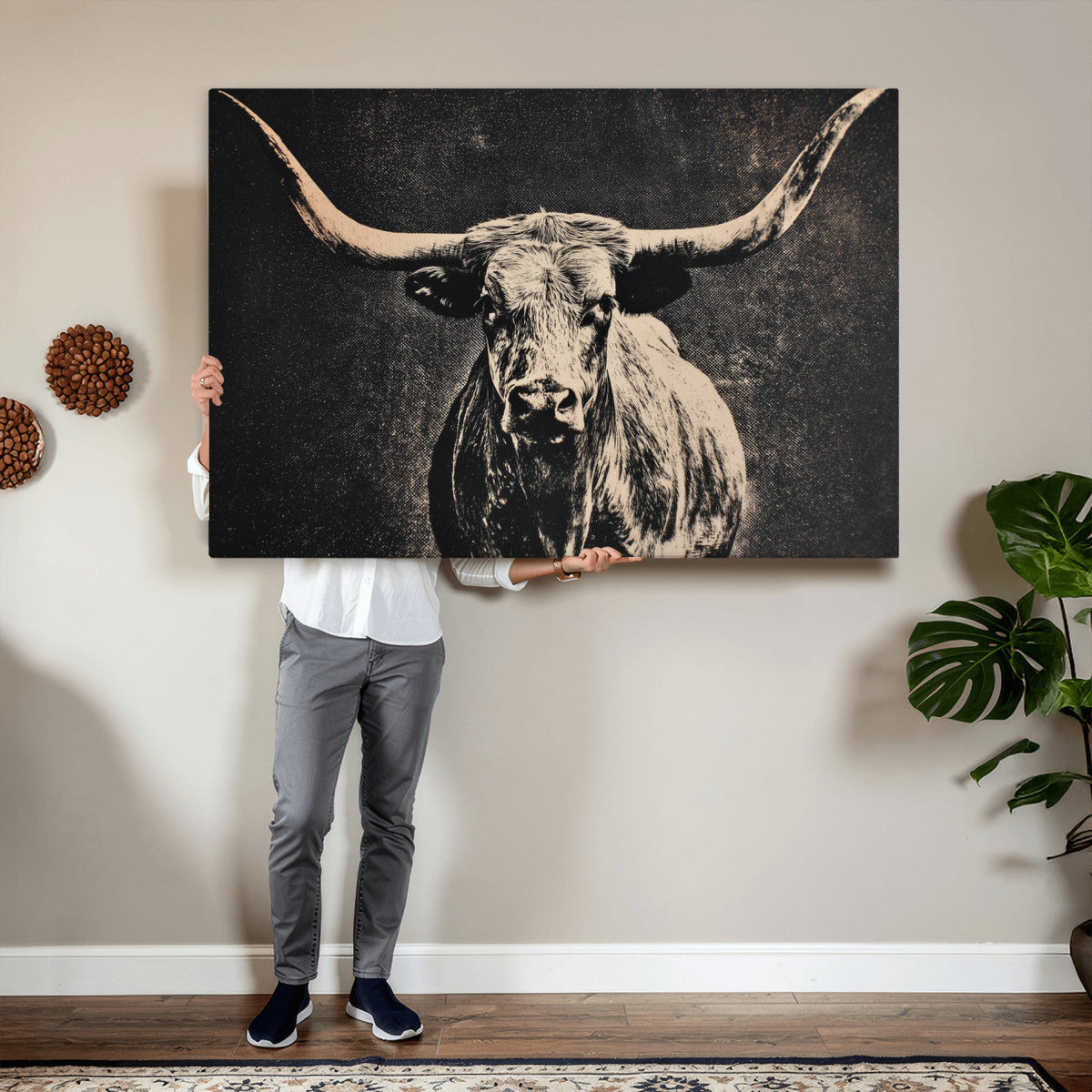 Vintage Texas Longhorn Bull Wall Art Canvas Print, Cow