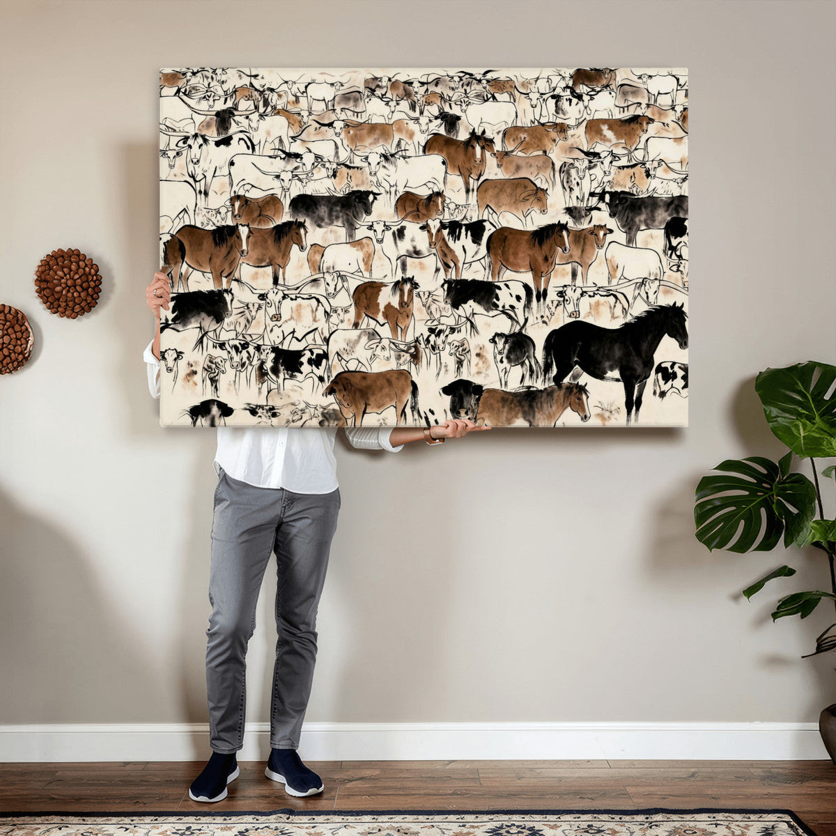 Farmhouse Animals Horse Longhorn Cow Wall Art Canvas Print -