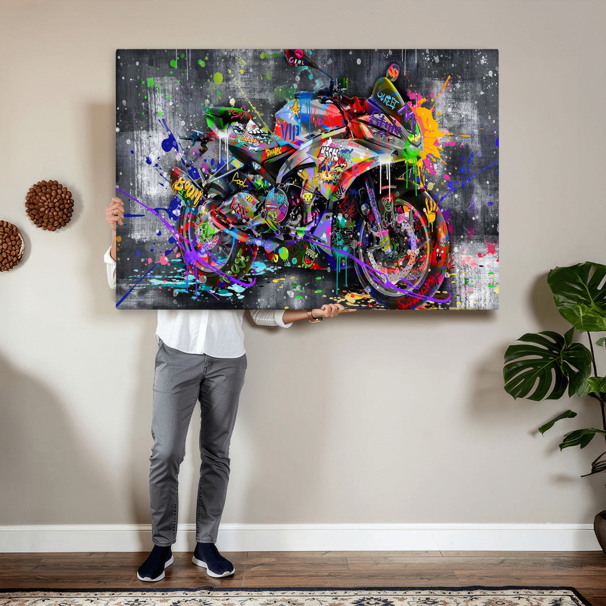 Graffiti Motorcycle Wall Art Canvas Print, Urban Street Art