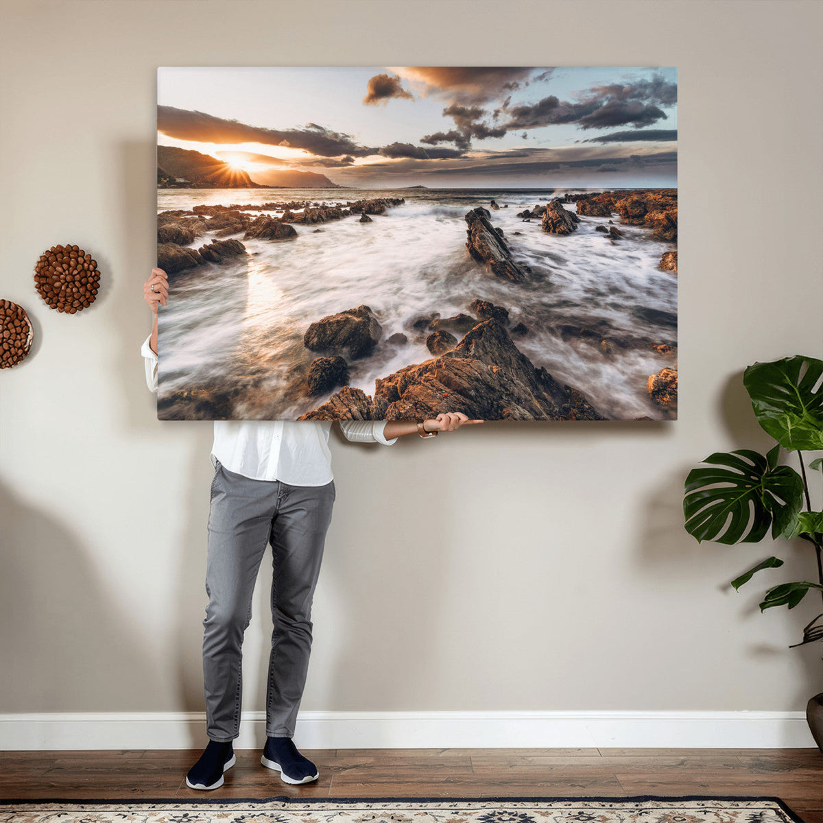 Rocky Coast Ocean Sunset Wall Art Canvas Print, Dramatic