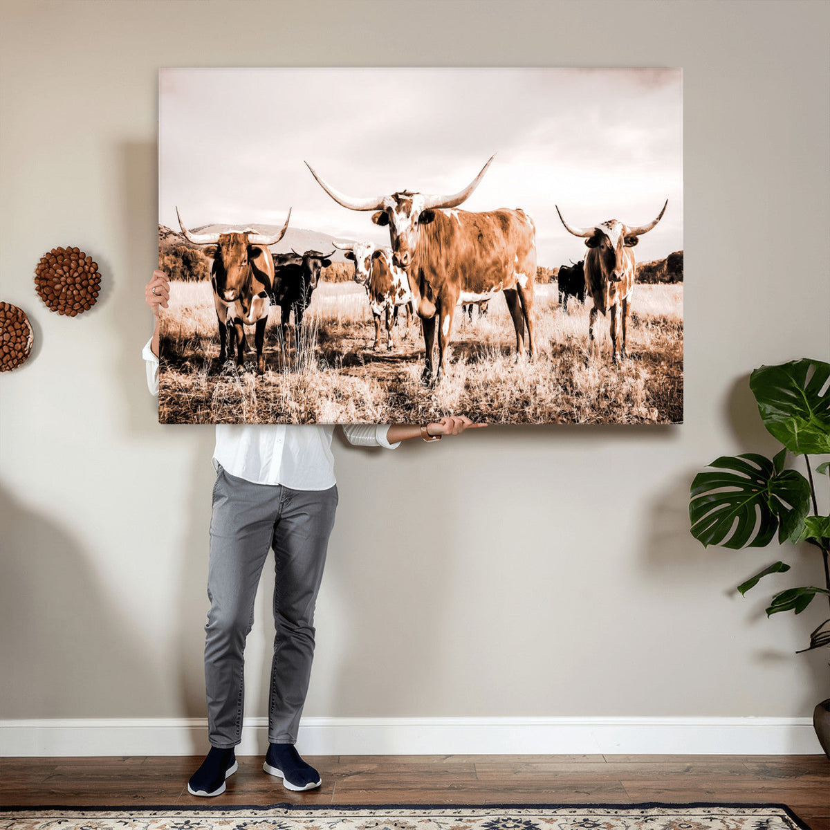 Texas Longhorn Cattle Wall Art Canvas Print, Sepia Western