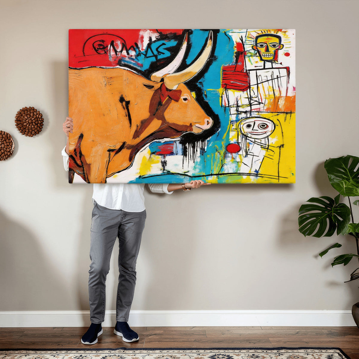 Basquiat Style Bull Graffiti Wall Art Canvas Print, Street