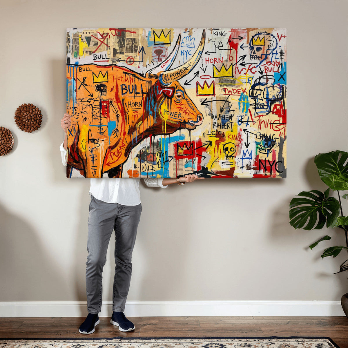 Basquiat Style Bull Graffiti Wall Art Canvas Print, Street