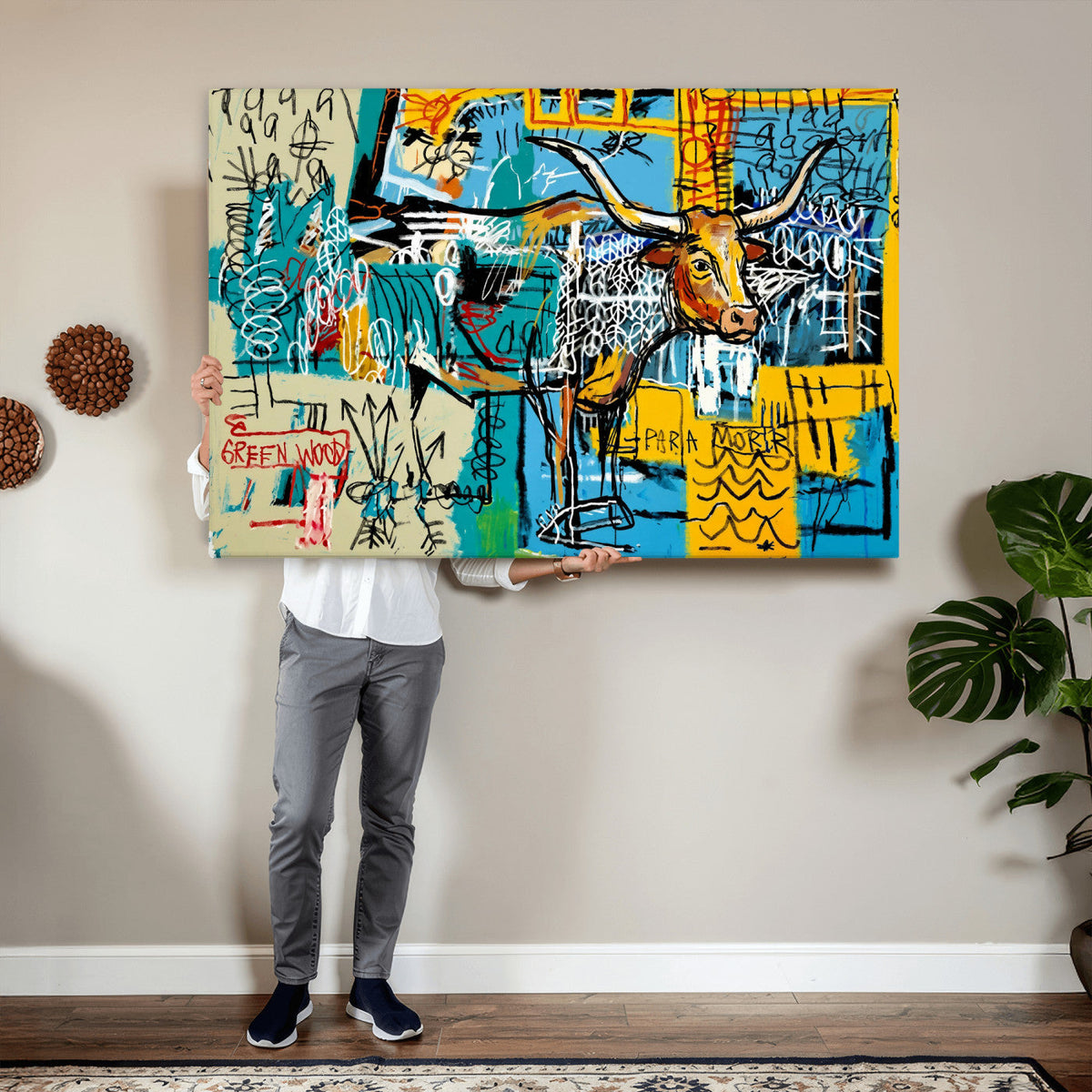 Basquiat Style Bird Bull Graffiti Wall Art Canvas Print,