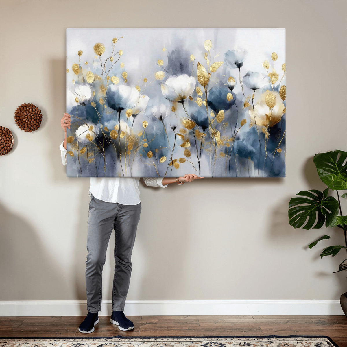Large Abstract Flowers Wall Art Canvas Print – Gold and Blue