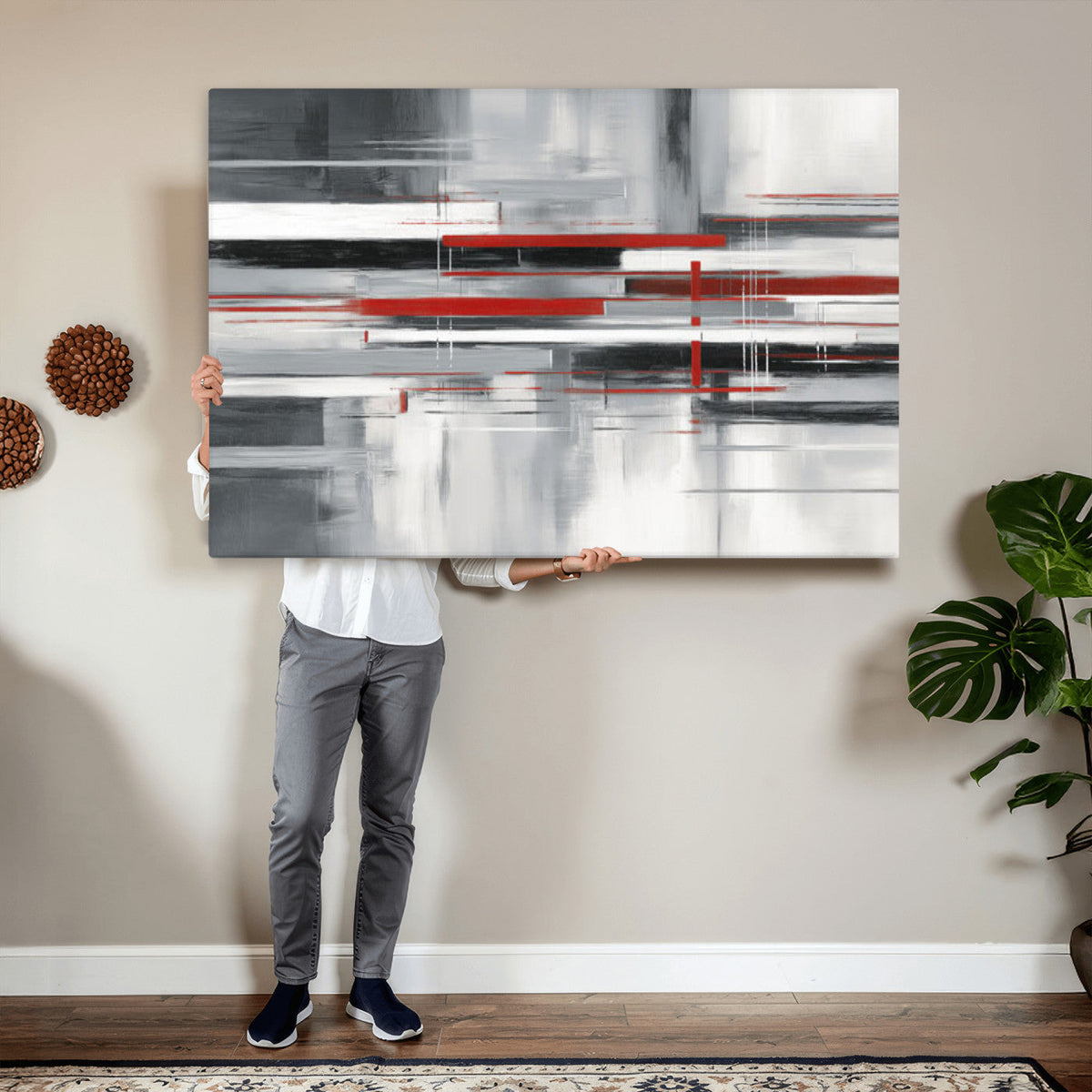 Gray Red Abstract Wall Art Canvas Print, Modern Abstract