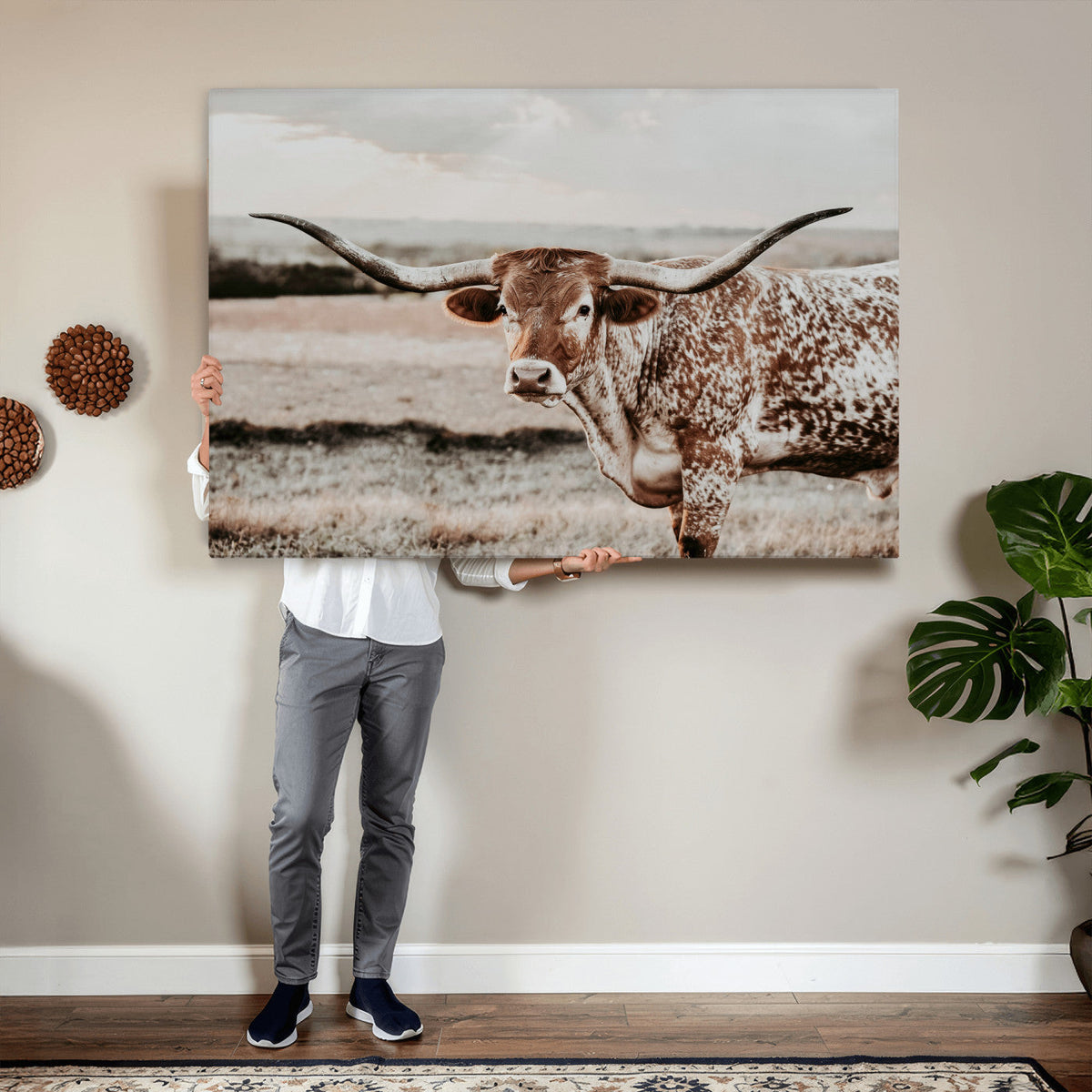 Texas Longhorn Bull Rustic Wall Art Canvas Print