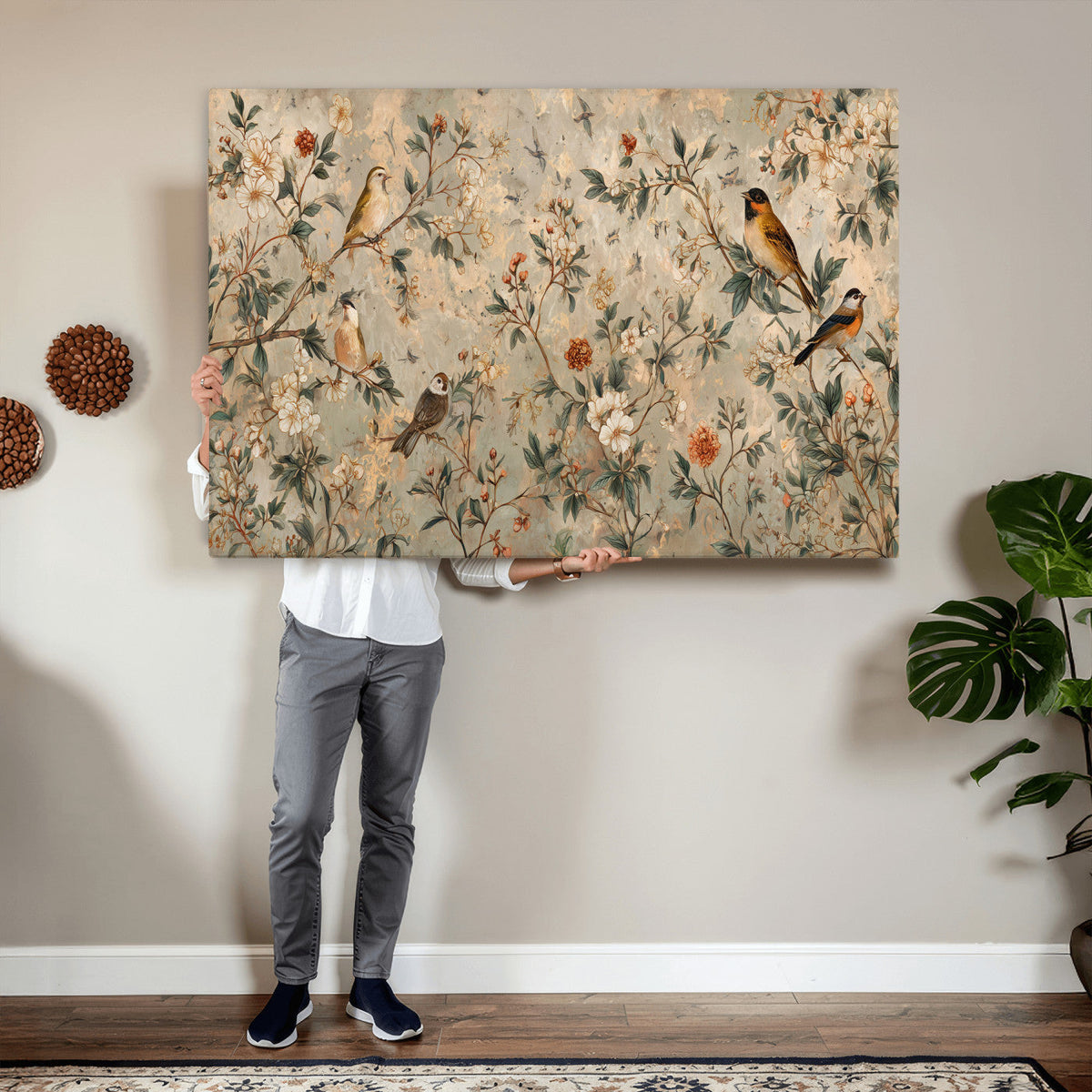 Vintage Birds and Flowers Wall Art Canvas Print, Botanical