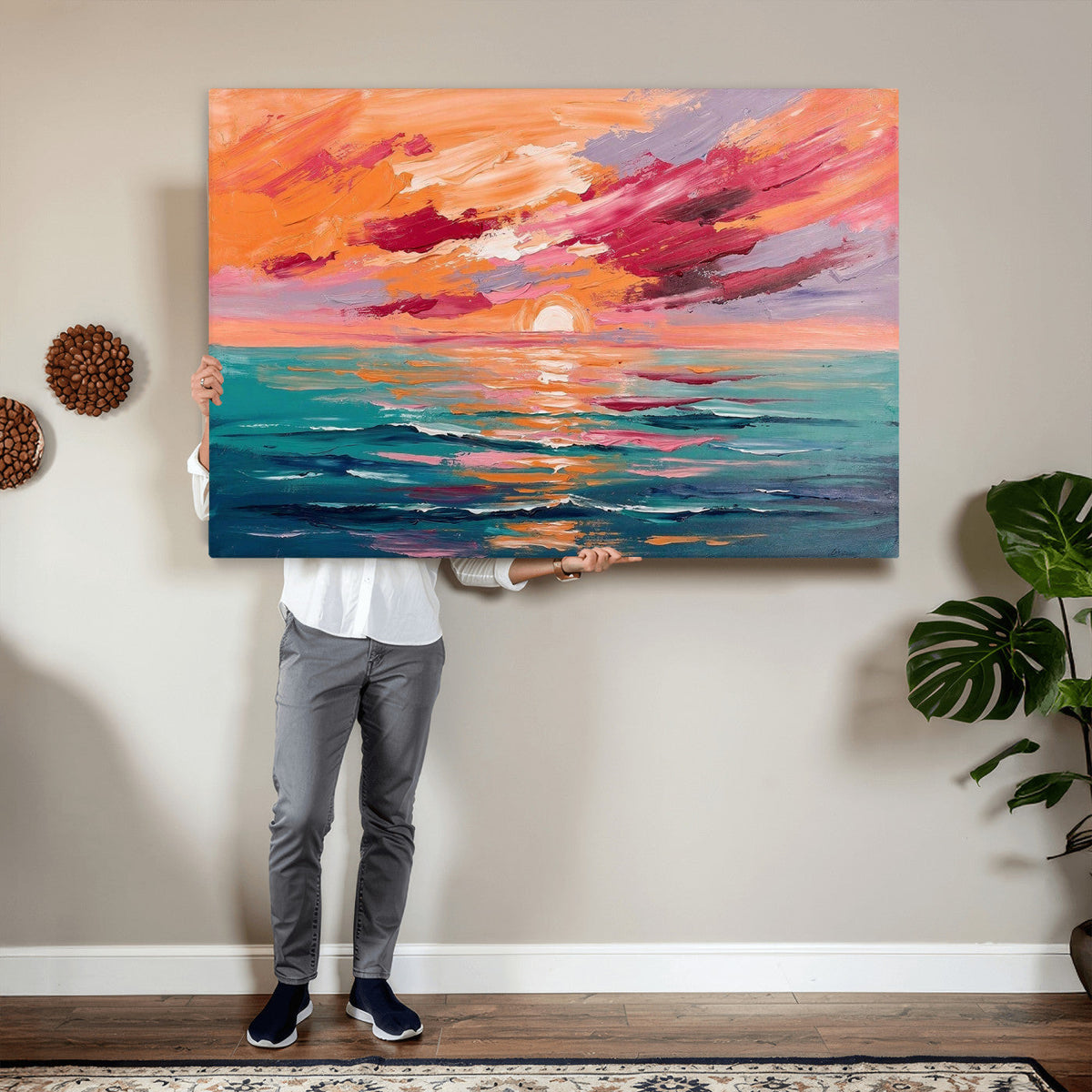 Bold Palette Knife Ocean Sunset Canvas — Orange Pink Teal