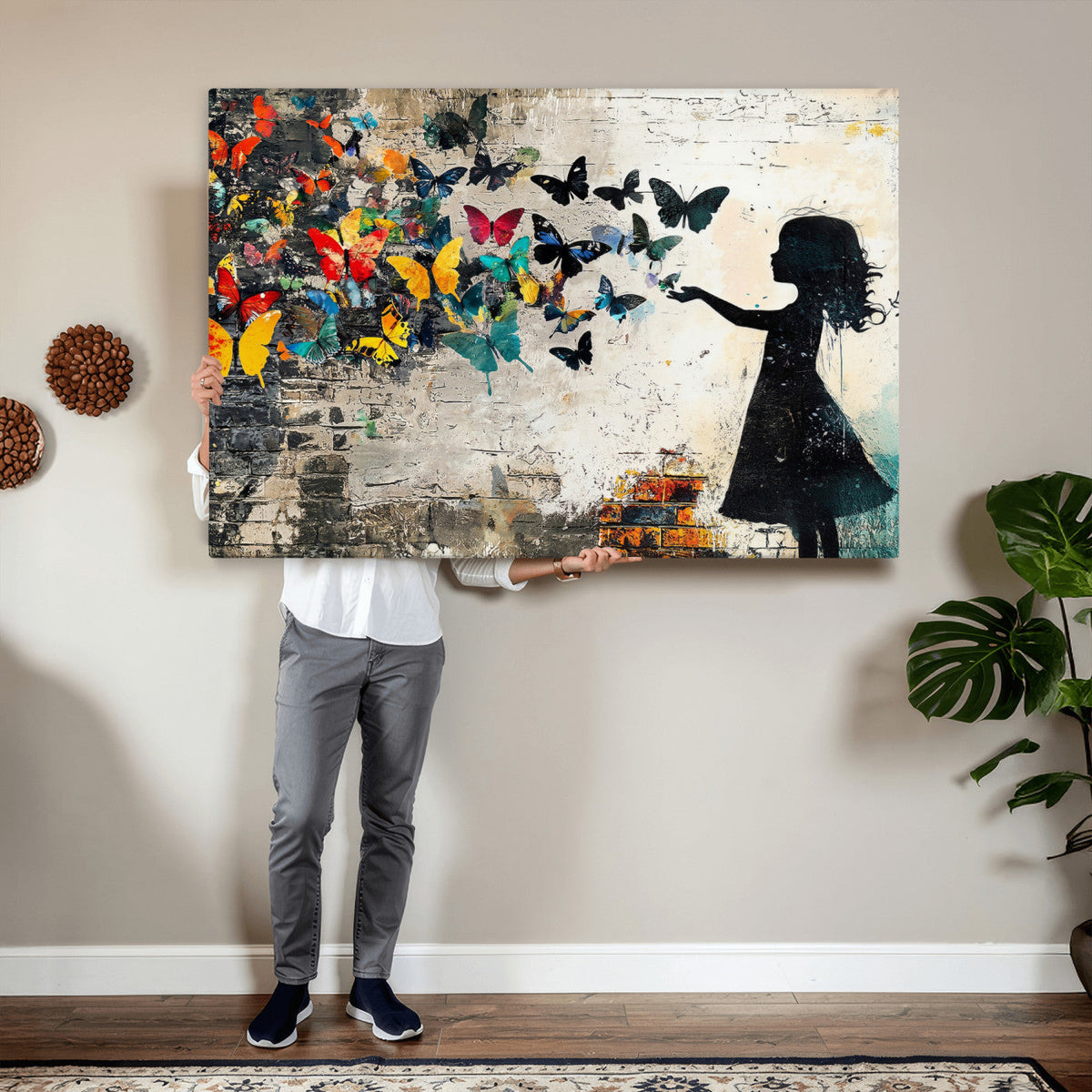 Banksy Butterfly Girl Wall Art Canvas Print, Framed Street