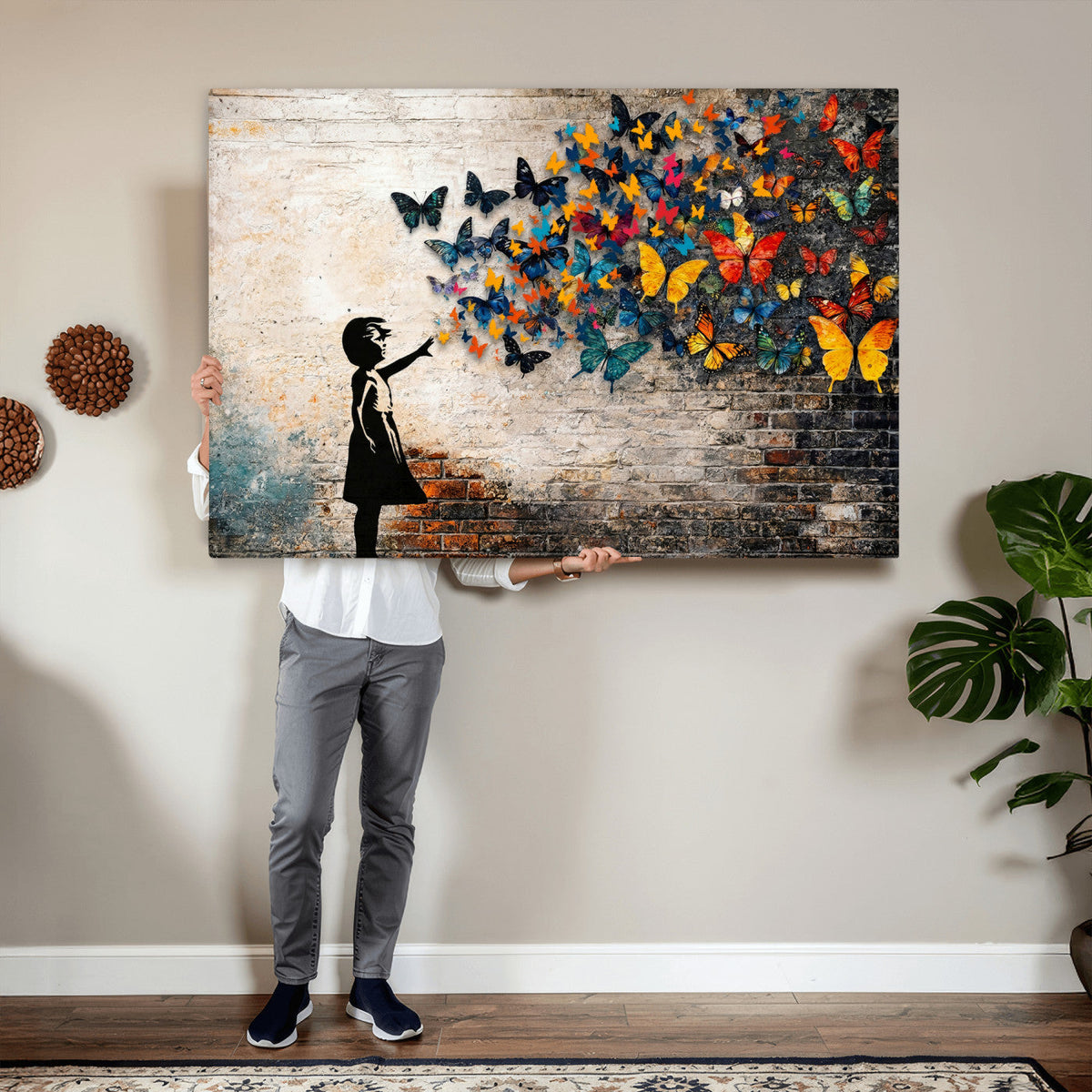 Banksy Graffiti Butterfly Girl Wall Art Canvas Print, Framed