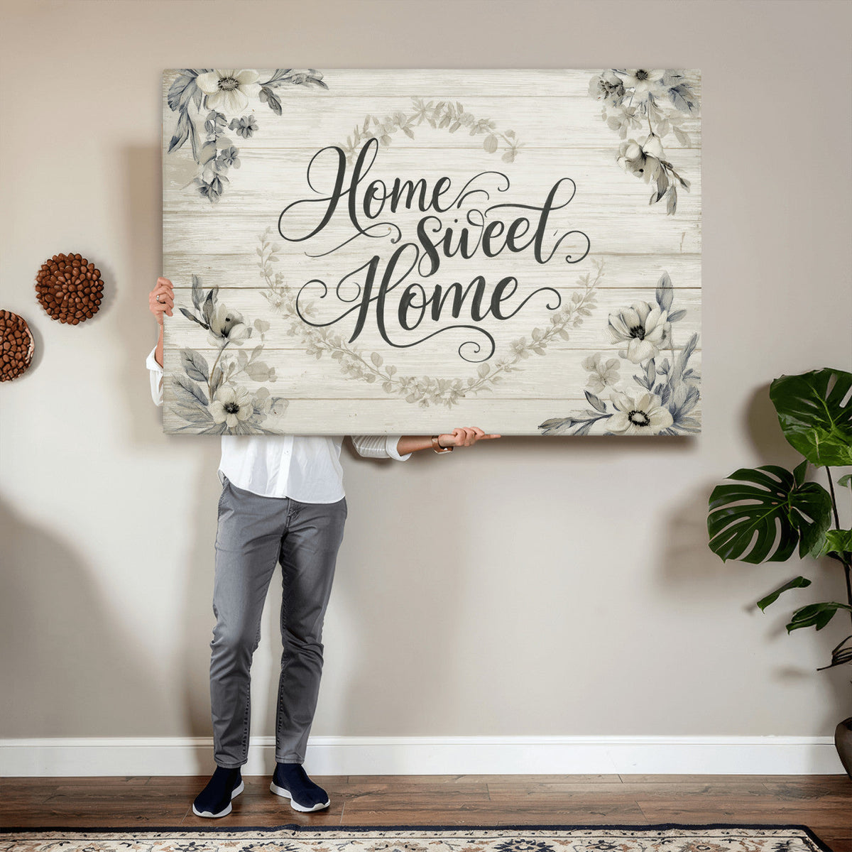 Home Sweet Home Wall Art Canvas Print, Floral Farmhouse