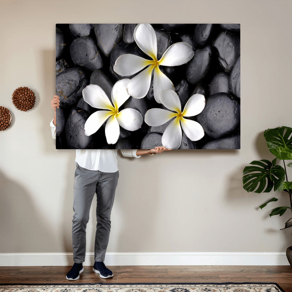 Plumeria Frangipani Black Stone Canvas | White Flower Spa