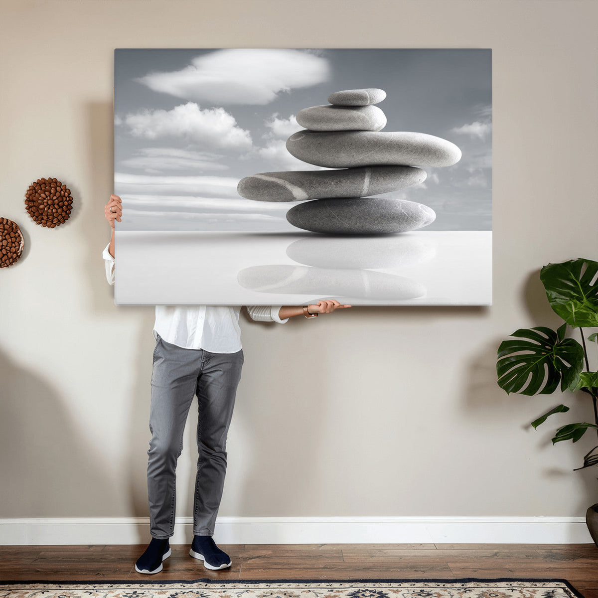 Zen Stone Wall Art Canvas Print, Balanced Rock Stack Framed