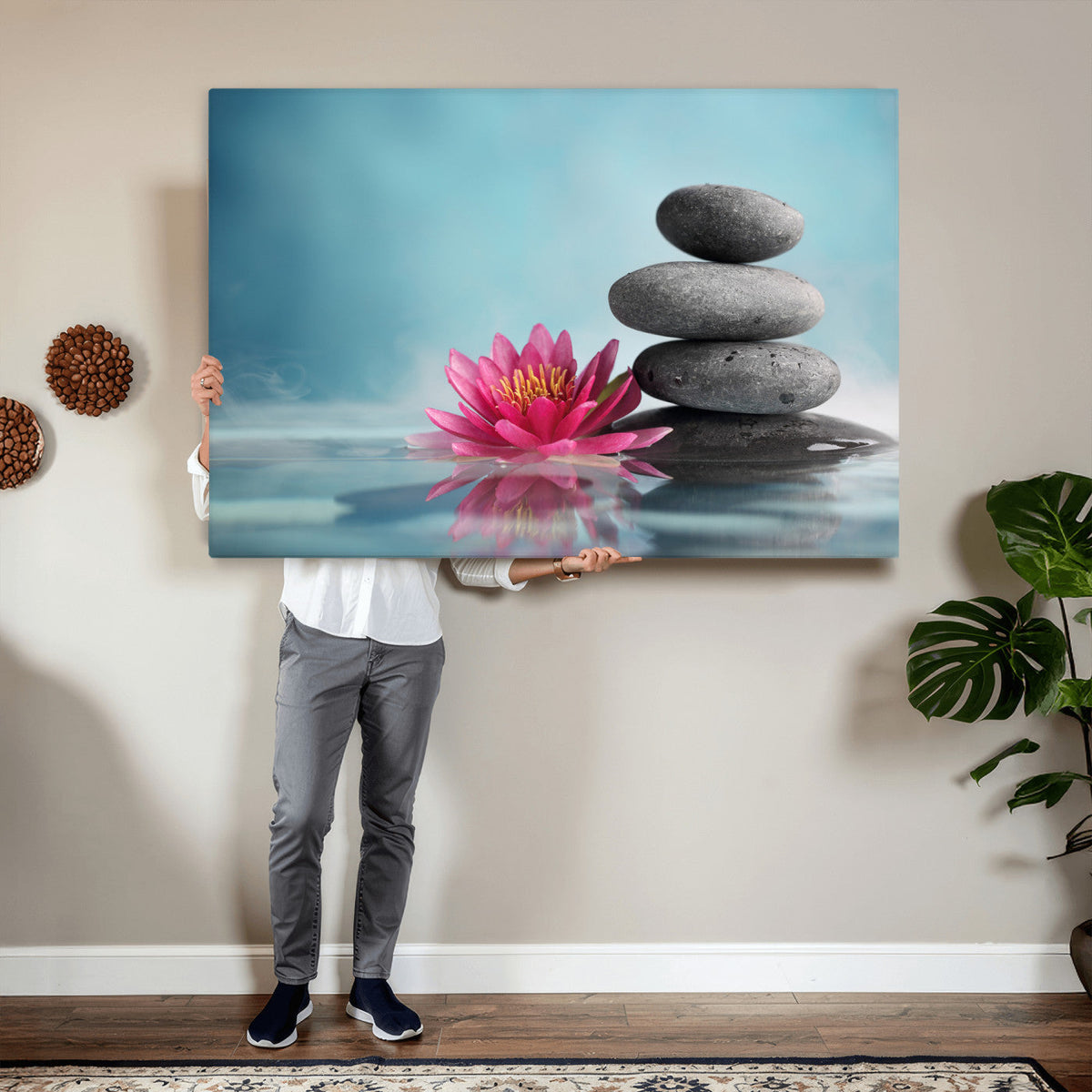 Zen Canvas Wall Art Lotus Flower Stacked Stones Teal Spa