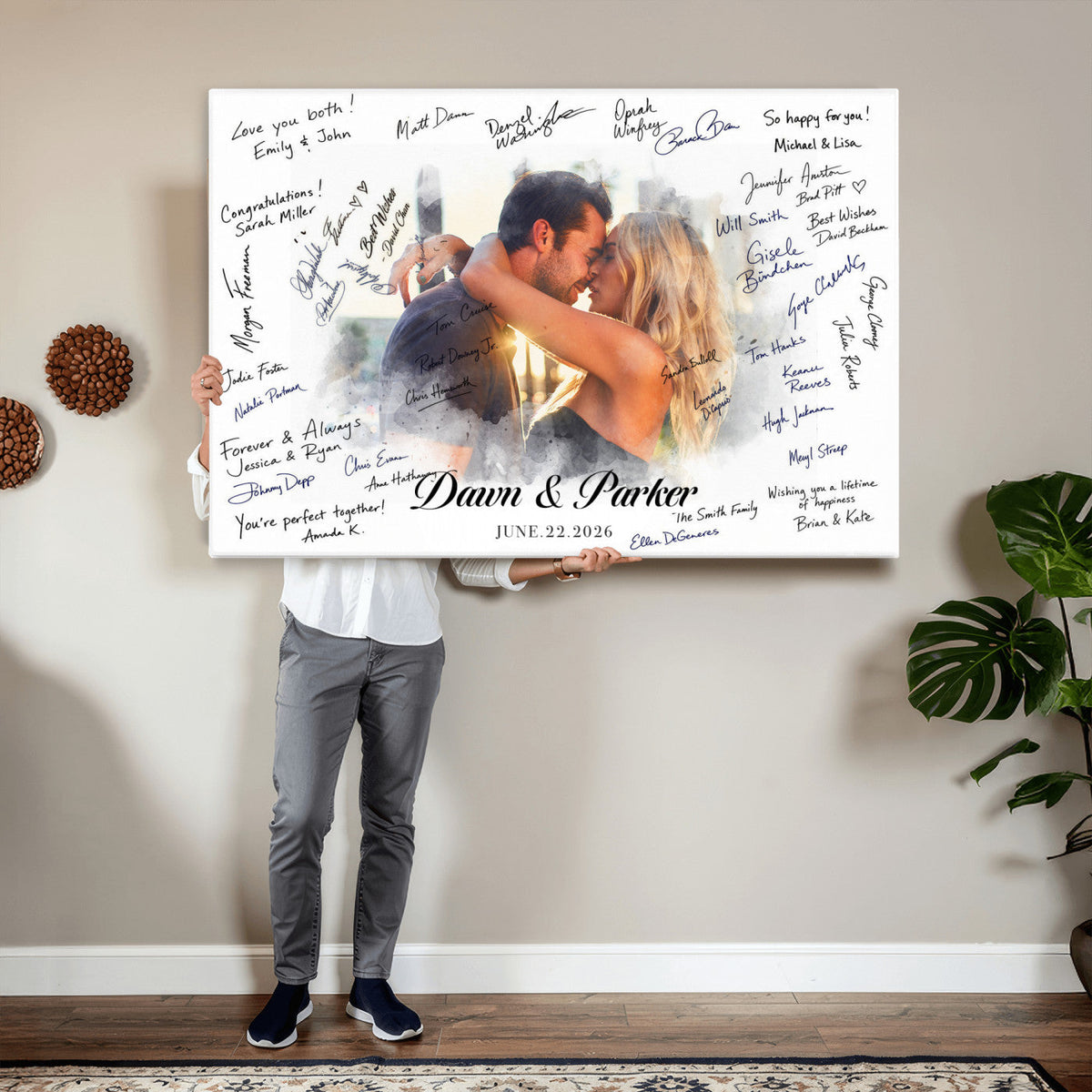 Wedding Guest Book Alternative Wall Art Canvas Print, Personalized Wedding Signature Poster, Custom Couple Photo Guestbook Canvas, Bridal Shower Reception Decor