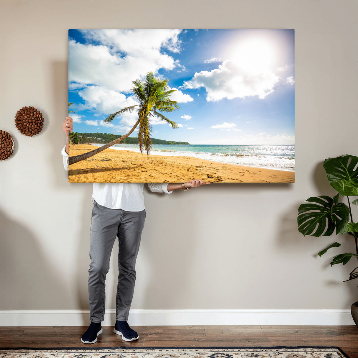 Tropical Beach Canvas Wall Art, Palm Tree Ocean Photo Print, Coastal Living Room Decor, Turquoise Sea Beach House Art, Summer Wall Art