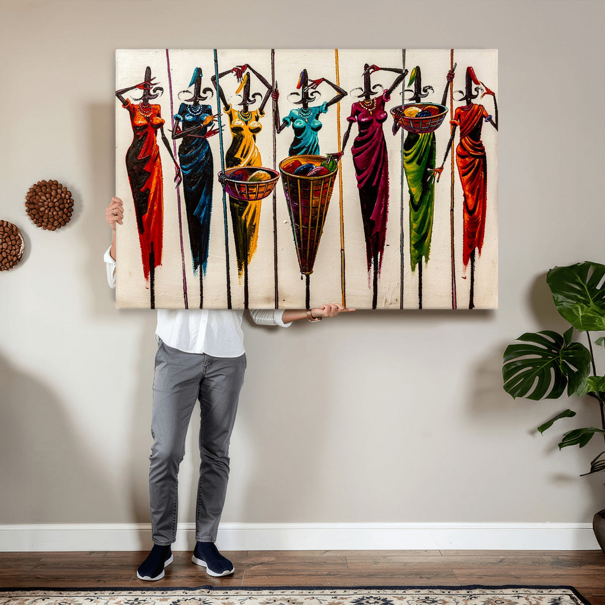 African Folk Art Canvas Wall Art, Colorful African Women Village Painting Print, Tribal Ethnic Home Decor, Vibrant African Art, Living Room