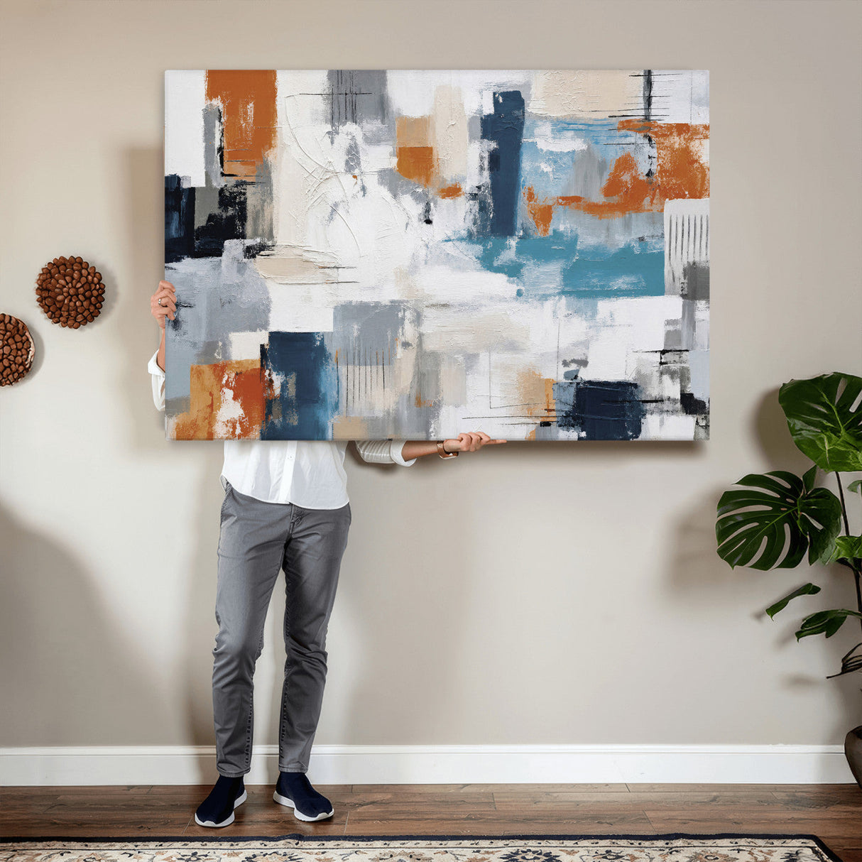 Blue Teal Abstract Canvas Wall Art, Modern Textured Painting Print, Navy Orange White Contemporary Art, Neutral Living Room Decor, Office Art