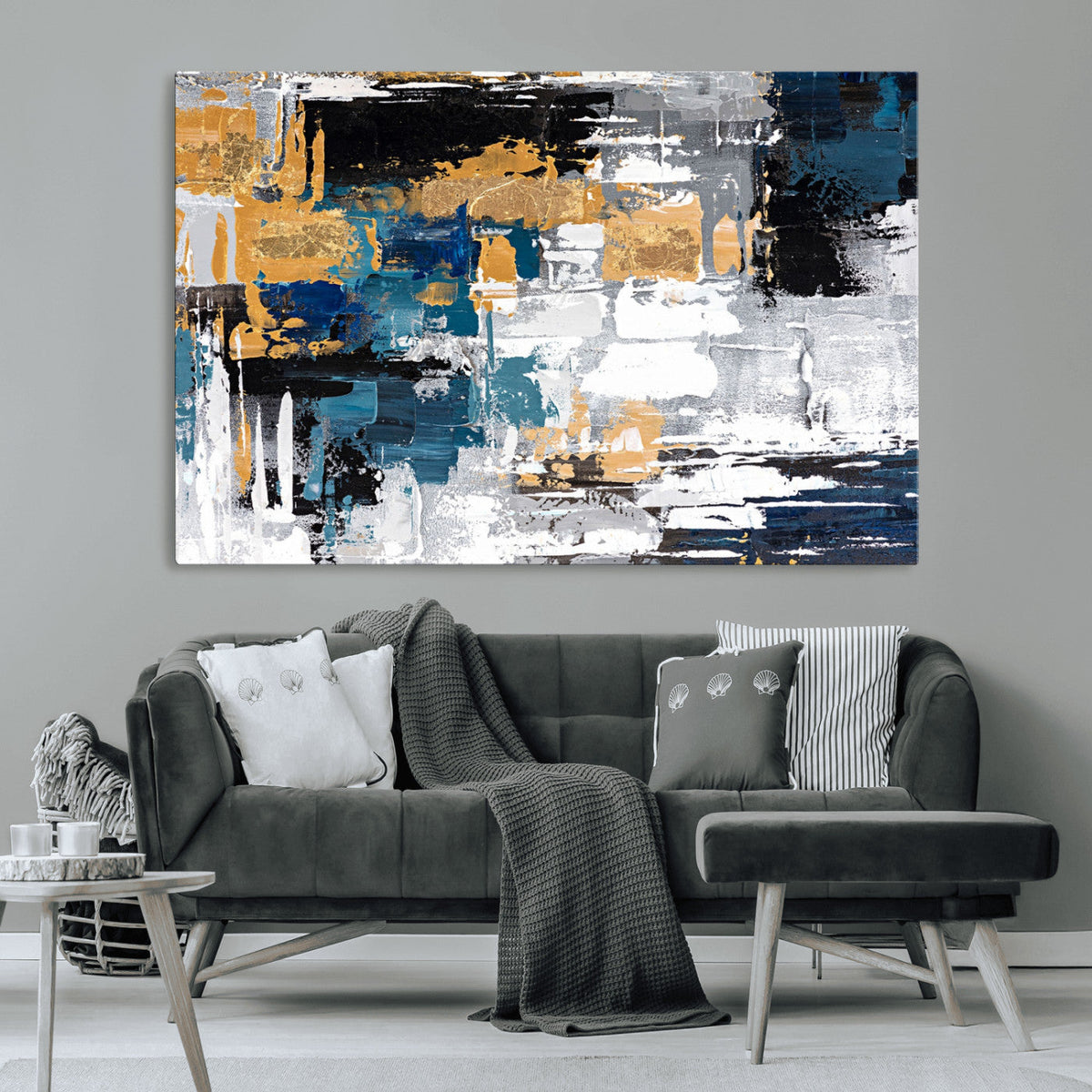Blue and Gold Abstract Canvas Wall Art – Triptych Modern