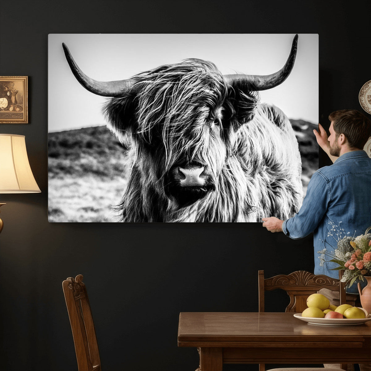 Black and White Scottish Cow Canvas Wall Art Highland Cattle