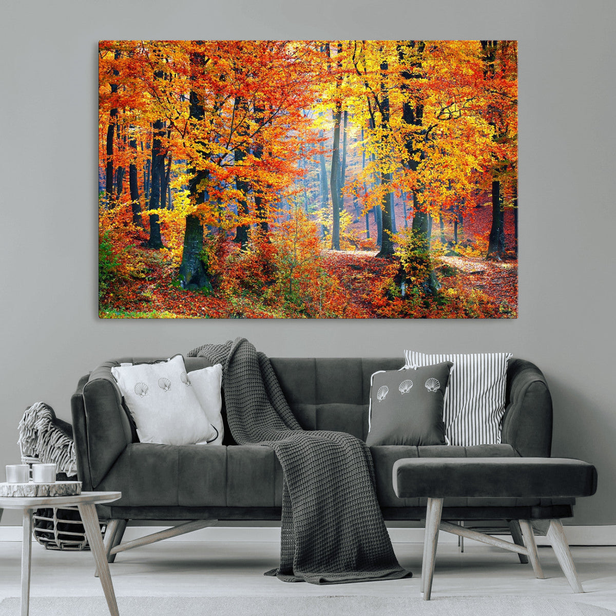 Autumn Red Forest Triptych Canvas Wall Art Print, Forest
