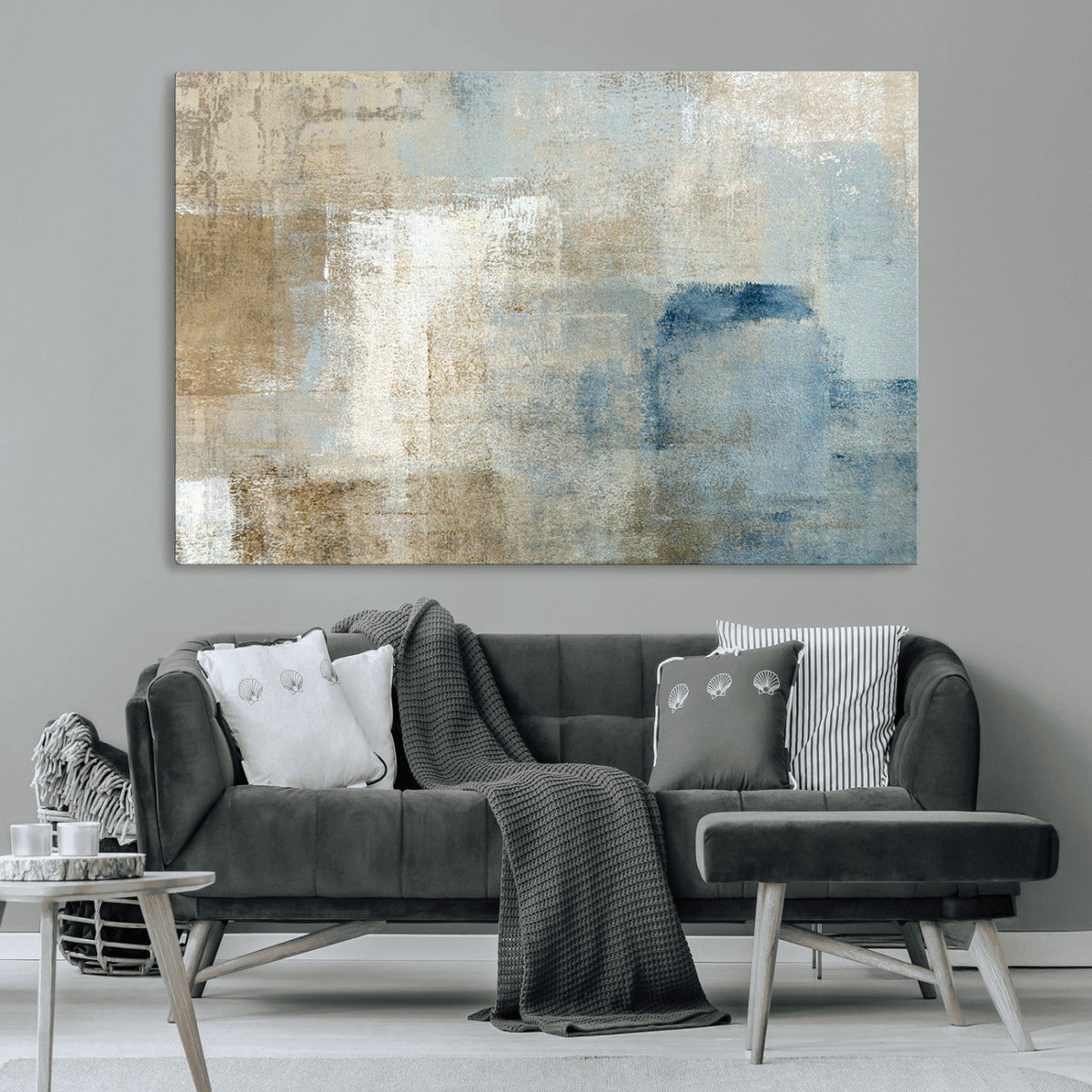 Abstract Blue and Beige Wall Art, Modern Minimalist Canvas