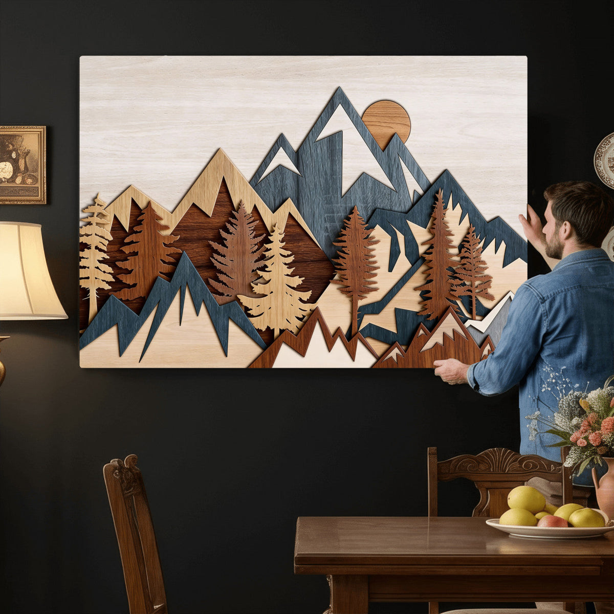 Rustic Abstract Wood Panel Effect Canvas Mountain Range Top