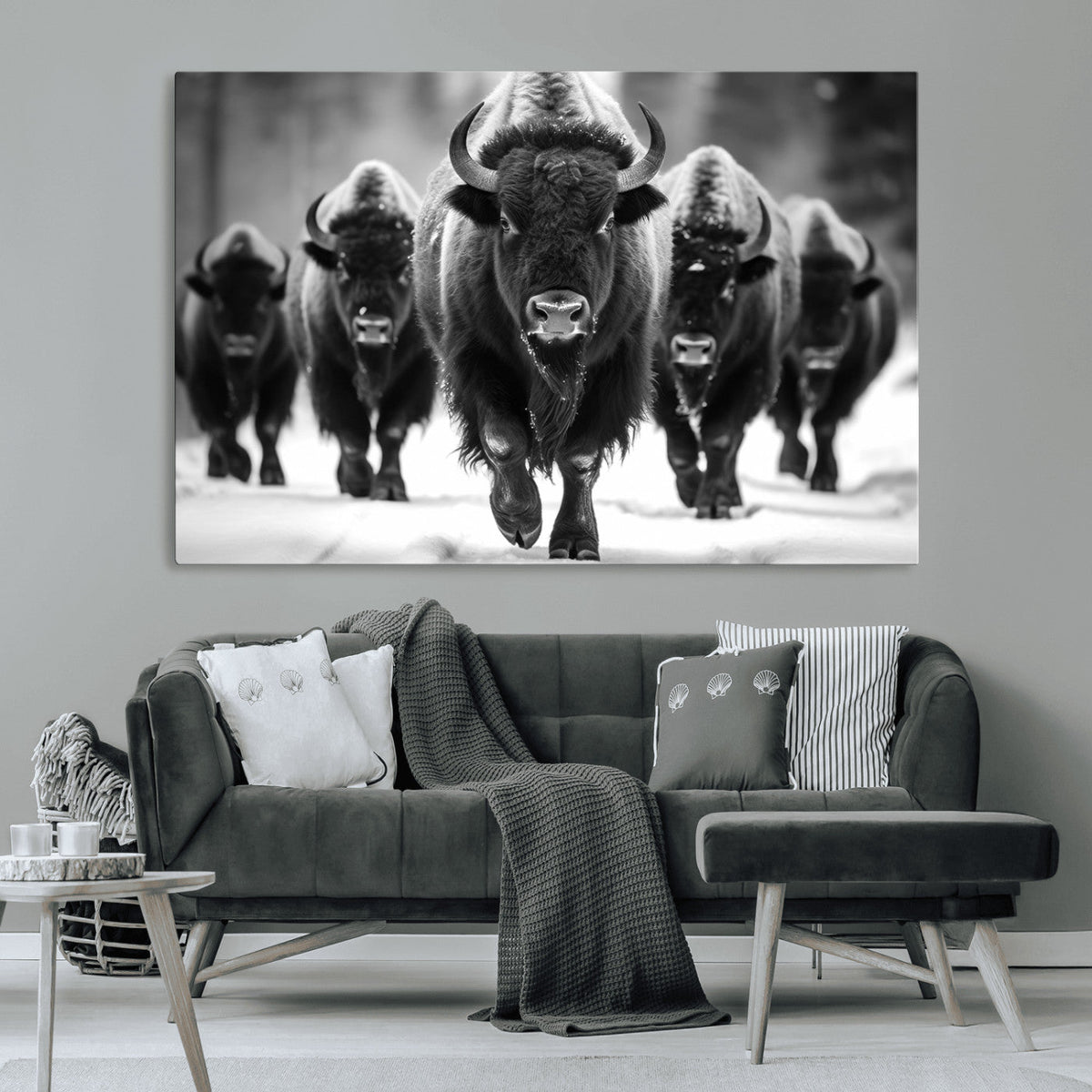 American Bison Art | Buffalo Herd Wall Art Canvas Print, BW