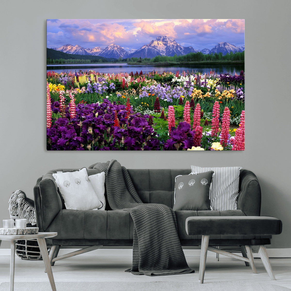 Vibrant Wildflower Garden and Mountain View Giclee Canvas