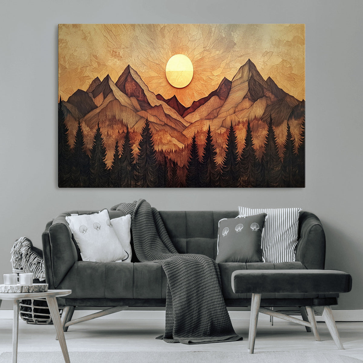 Wood Style Abstract Mountain Sunset Canvas Wall Art Print -