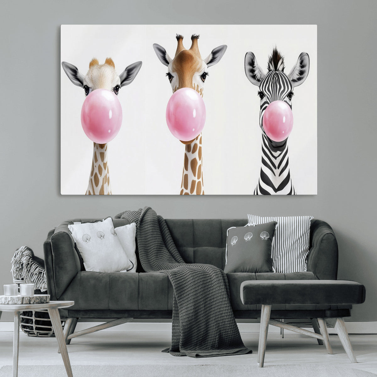 Bubblegum Animals Canvas Wall Art - Playful Giraffe and
