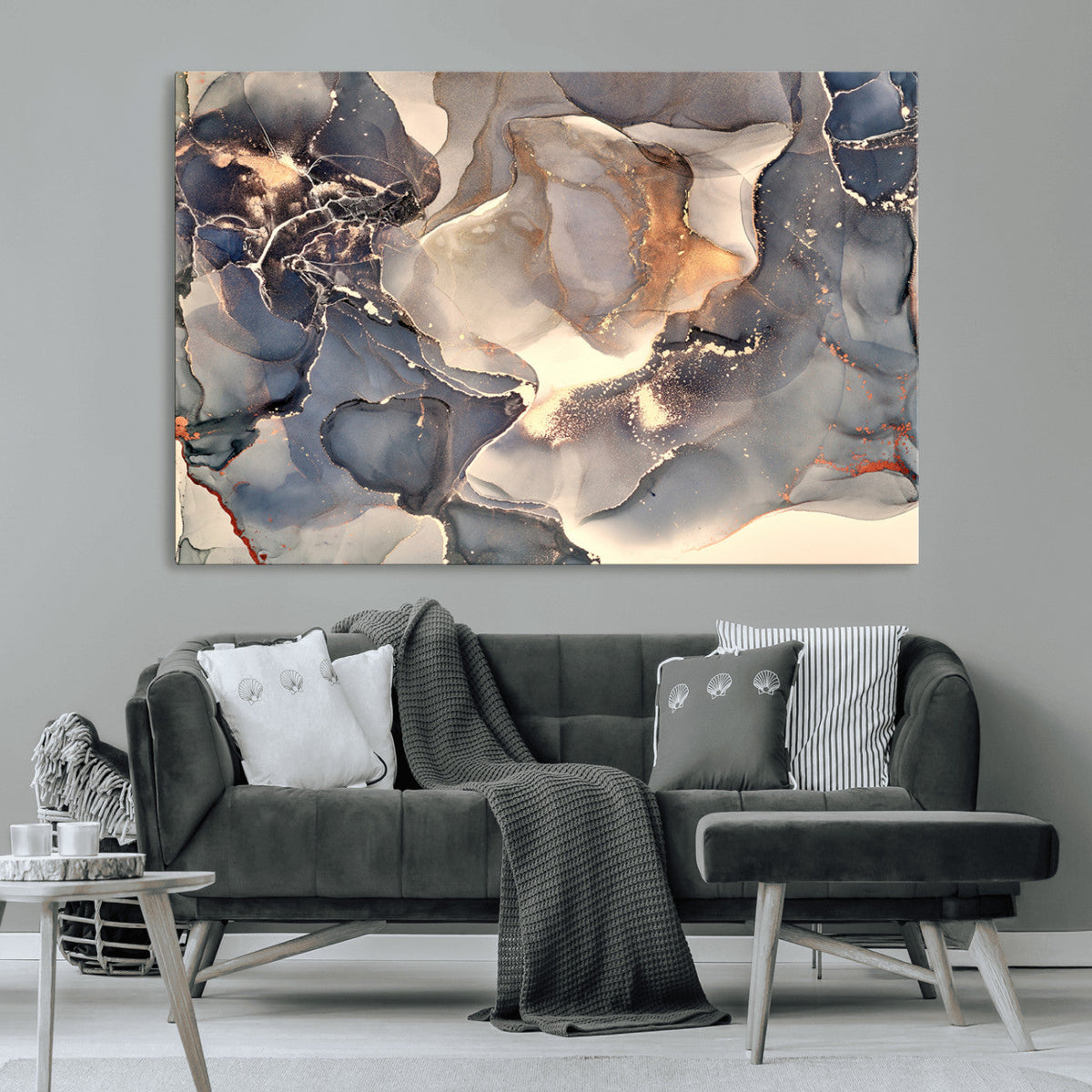 Abstract Blue and Gold Wall Art - Fluid Ink Artwork - Modern