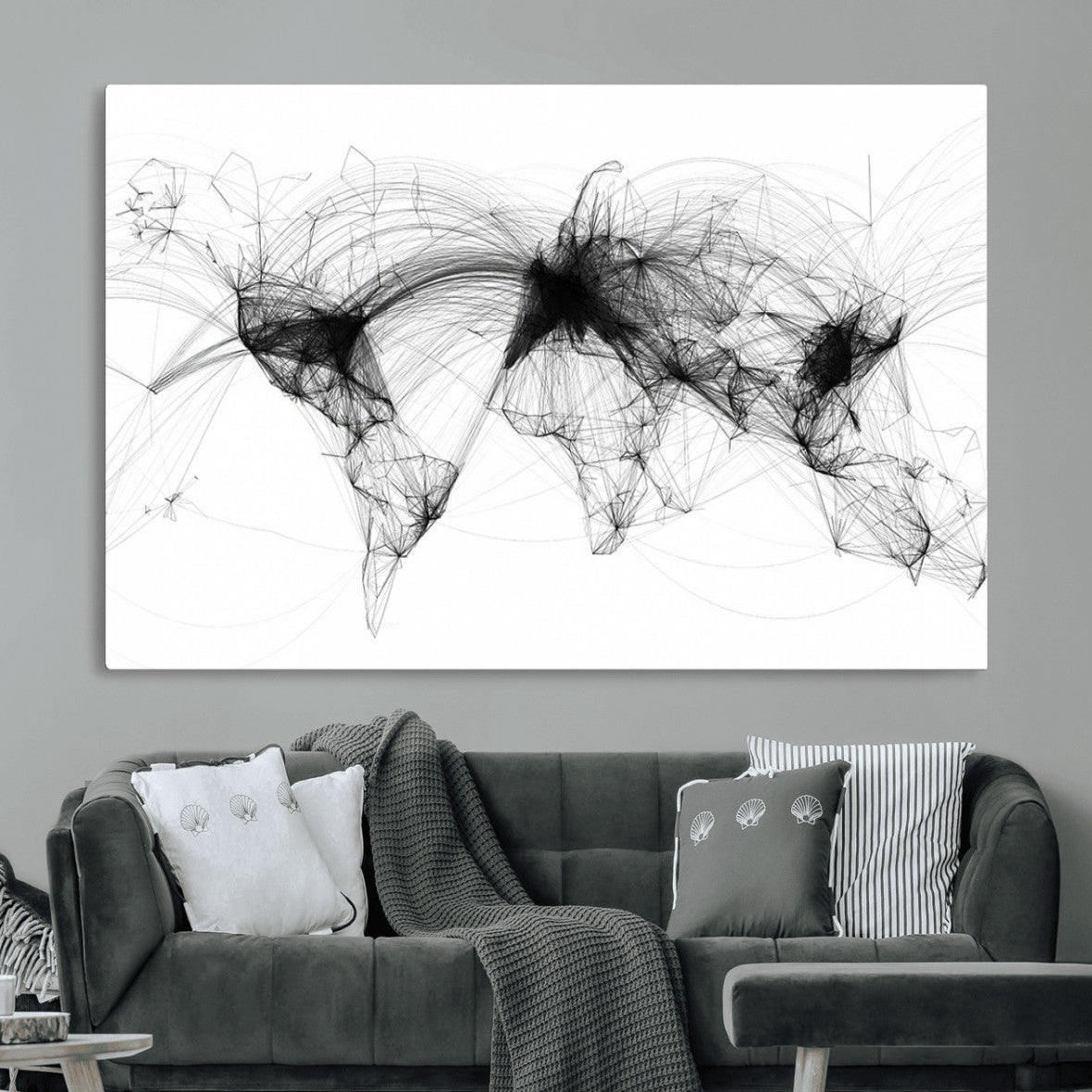Abstract World Map Wall Art – Framed Geometric Line Canvas