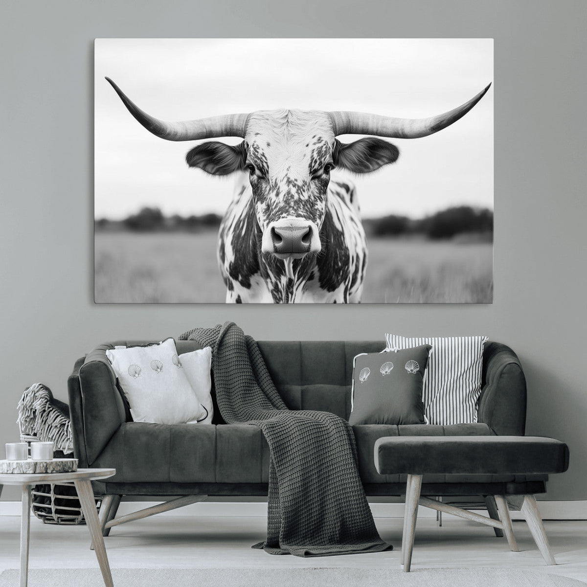 Highland Cow Wall Art Canvas Print – Black and White Western