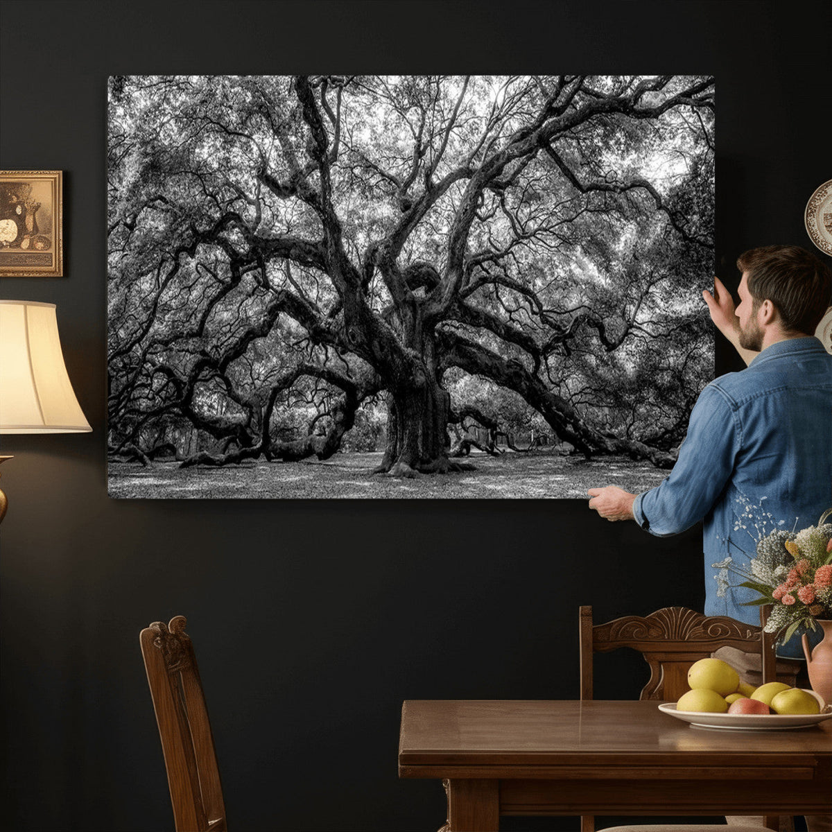 Black and White Old Angel Oak Tree Wall Art Canvas Print