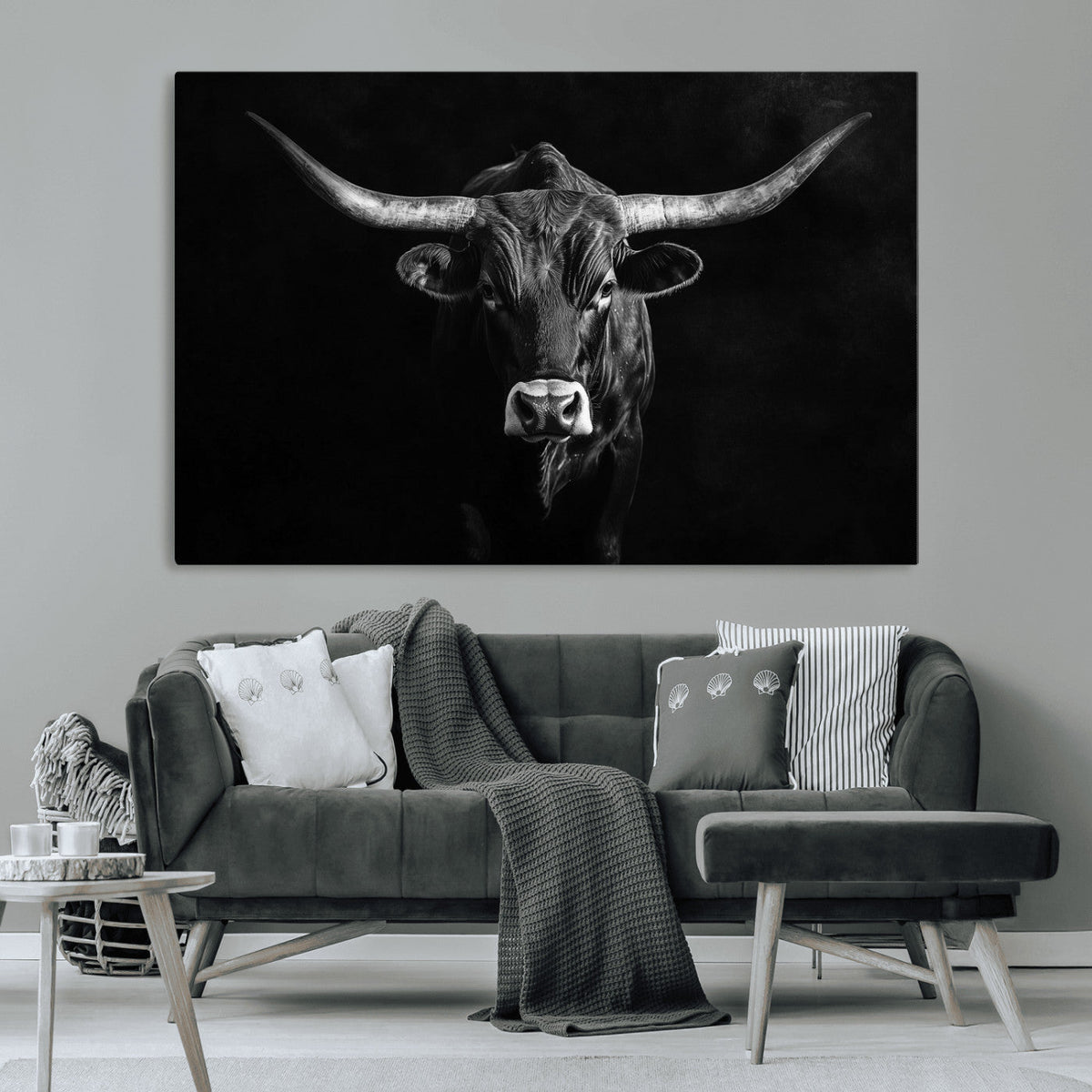 Texas Longhorn Wall Art Canvas Print – Framed Monochrome